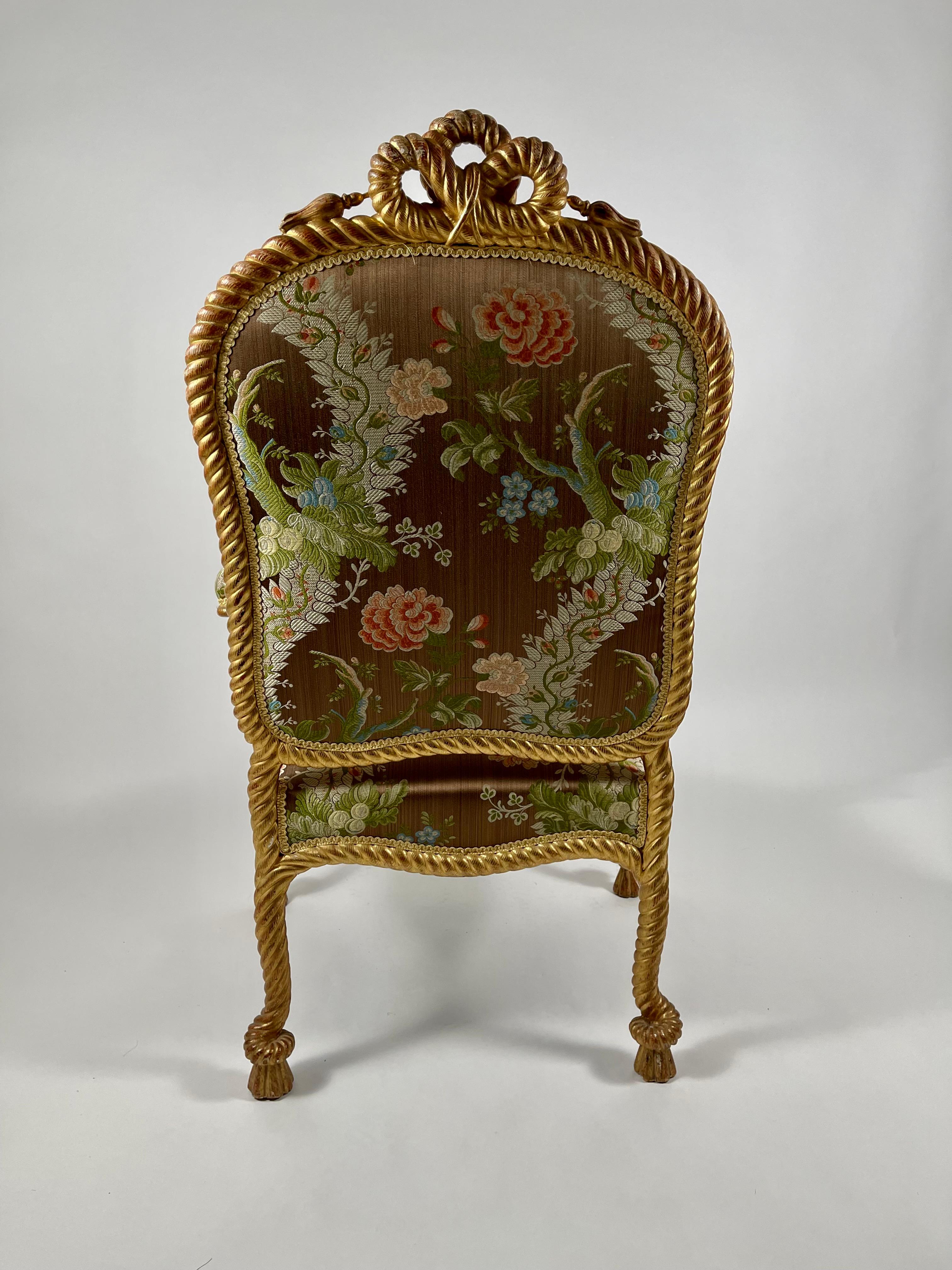 Napoleon III Style Carved and Gilded Rope and Tassel Armchair In Good Condition In Essex, MA