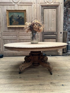 Napoleon III Style Carved Oak Oval Table with Central Pedestal and Casters