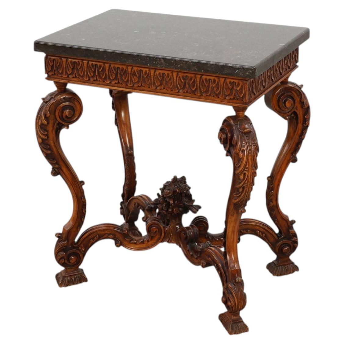 Napoleon III style Carved Walnut side table with Ardune top, France ca. 1900