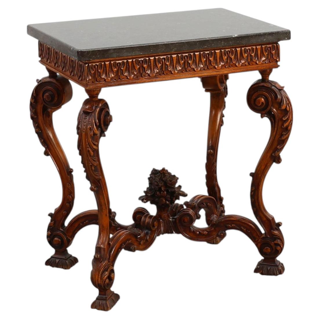 Napoleon III style Carved Walnut side table with Bluestone top, France ca. 1900 For Sale
