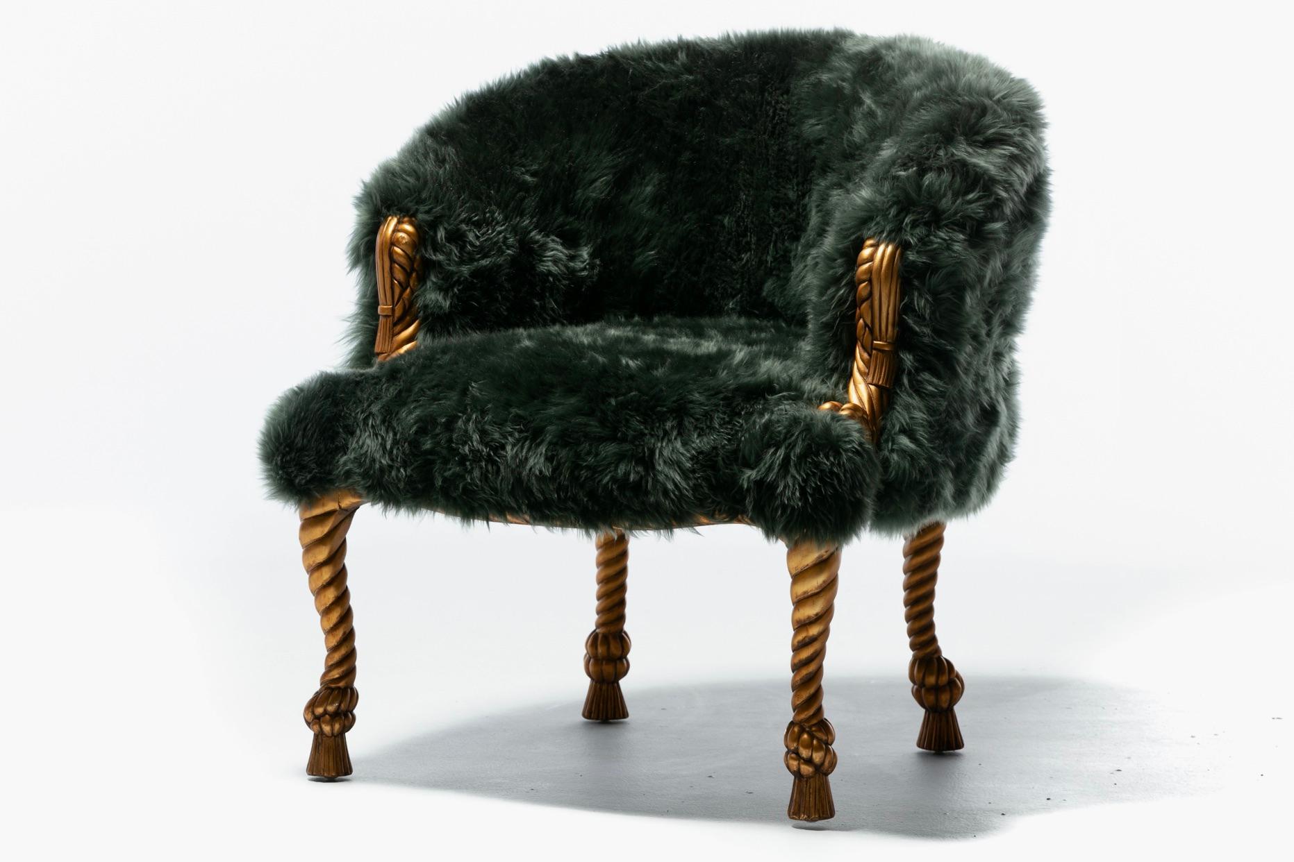 Silla Estilo Napoleón III en Piel de Oveja Esmeralda sobre Estructura de Cuerda y Borla Dorada en venta 3