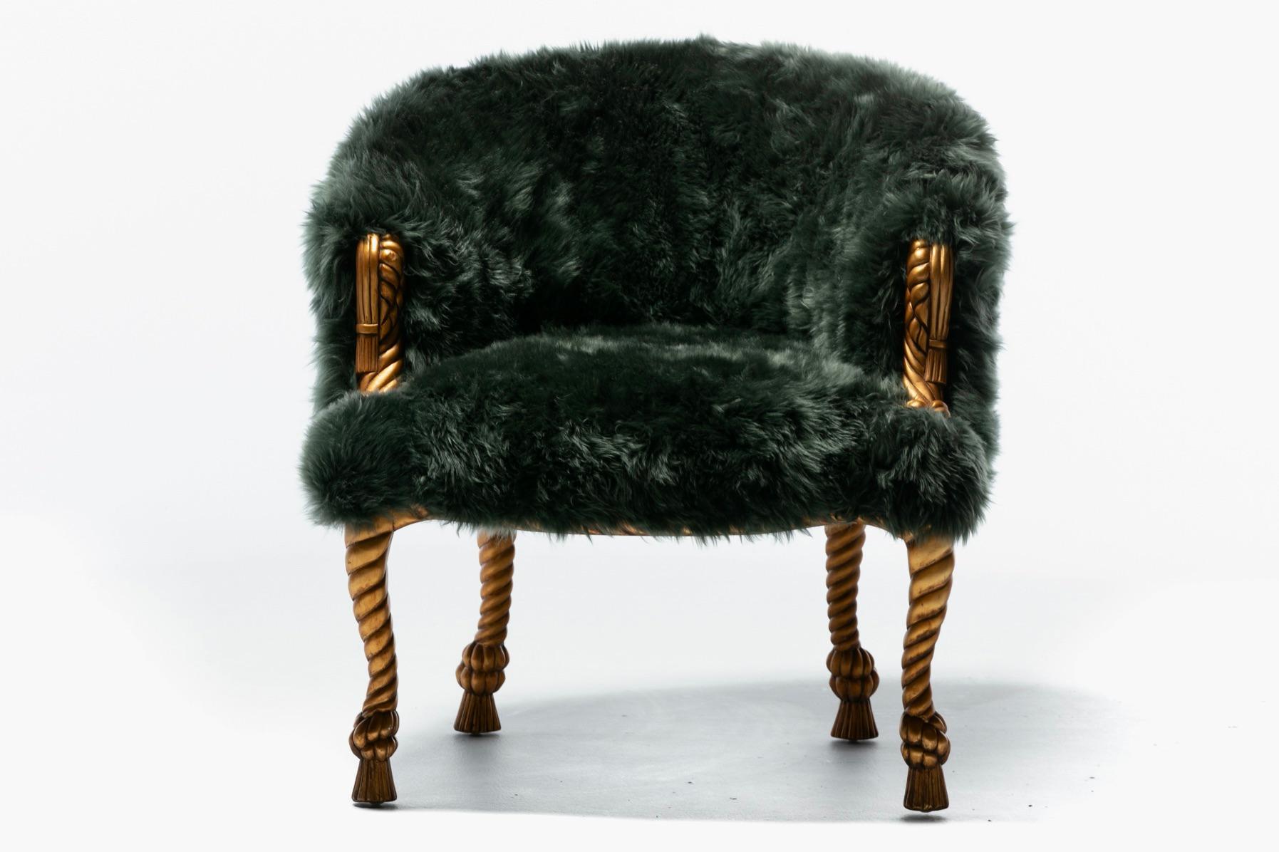 Silla Estilo Napoleón III en Piel de Oveja Esmeralda sobre Estructura de Cuerda y Borla Dorada en venta 4