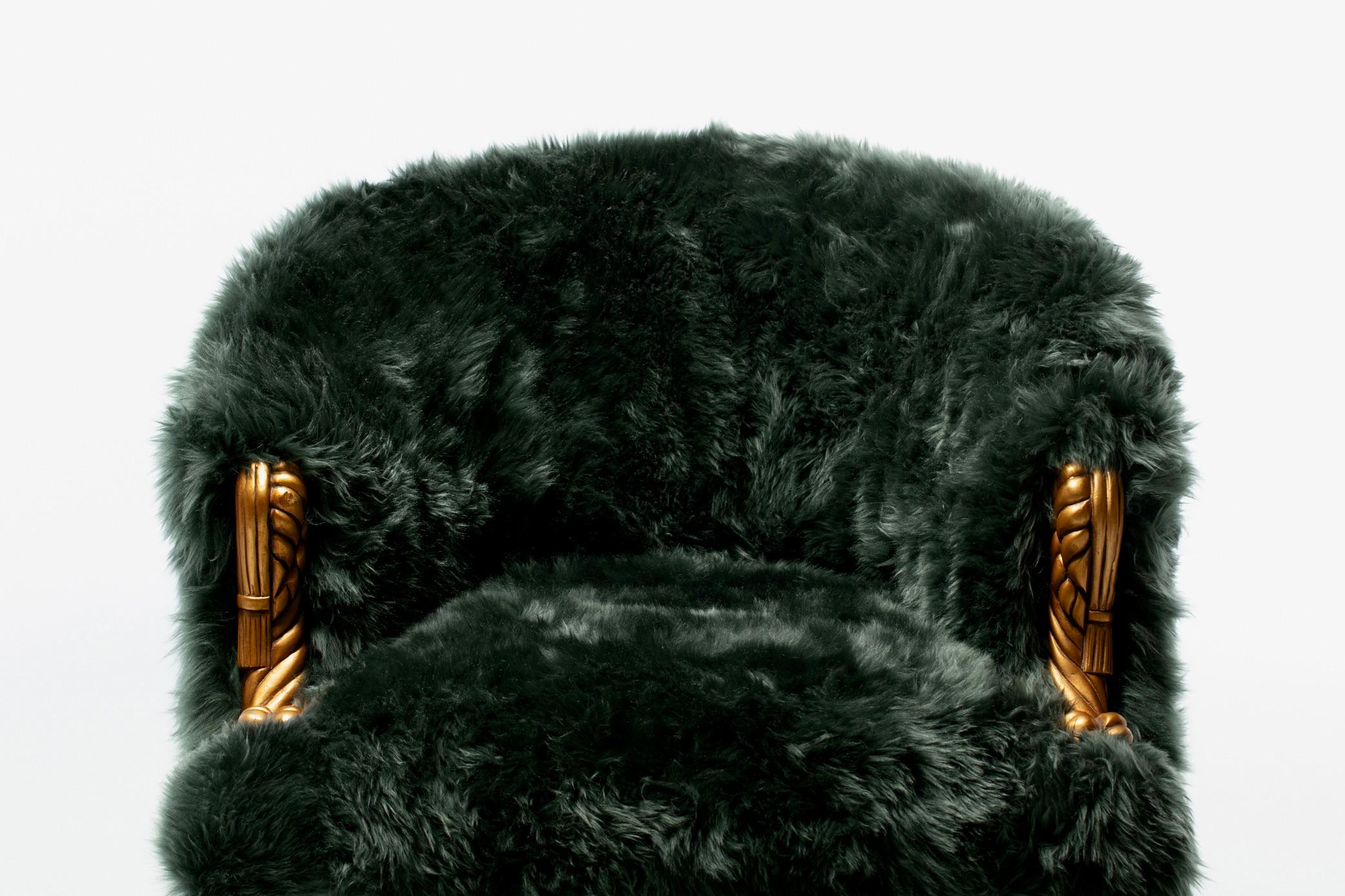 Silla Estilo Napoleón III en Piel de Oveja Esmeralda sobre Estructura de Cuerda y Borla Dorada en venta 10