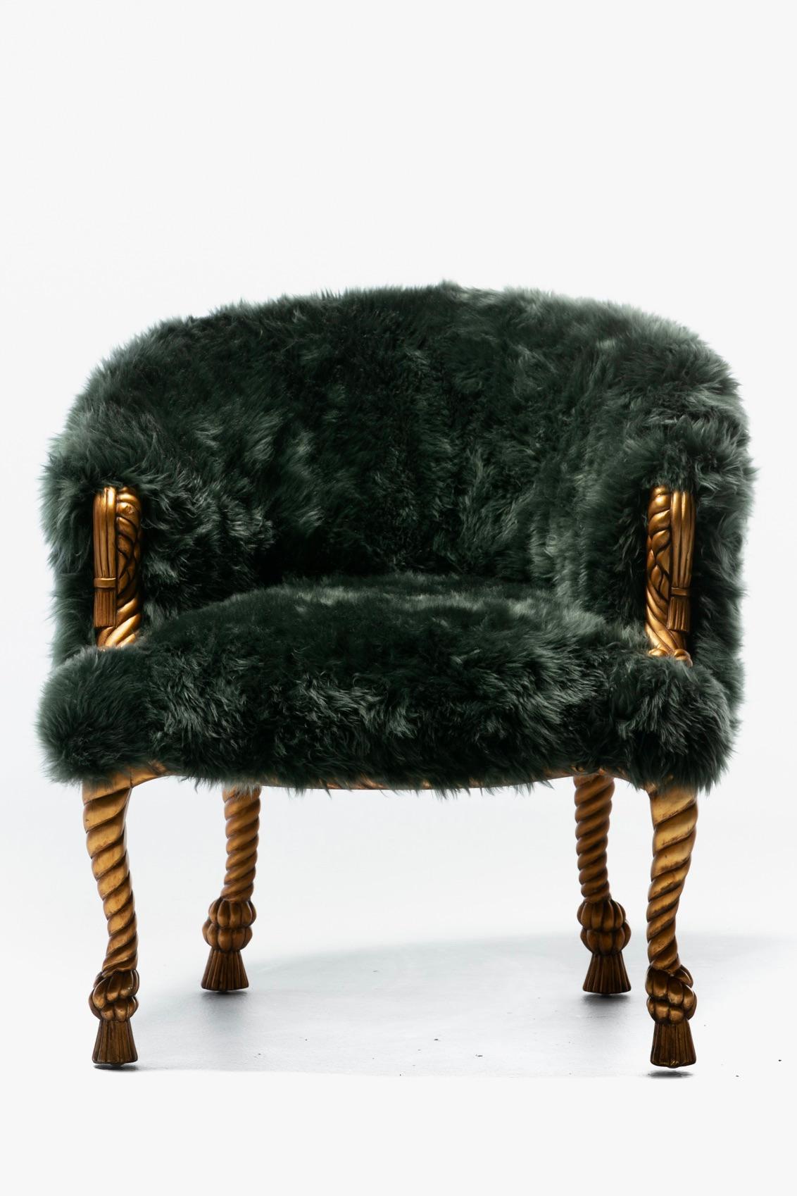 Silla Estilo Napoleón III en Piel de Oveja Esmeralda sobre Estructura de Cuerda y Borla Dorada en venta 13