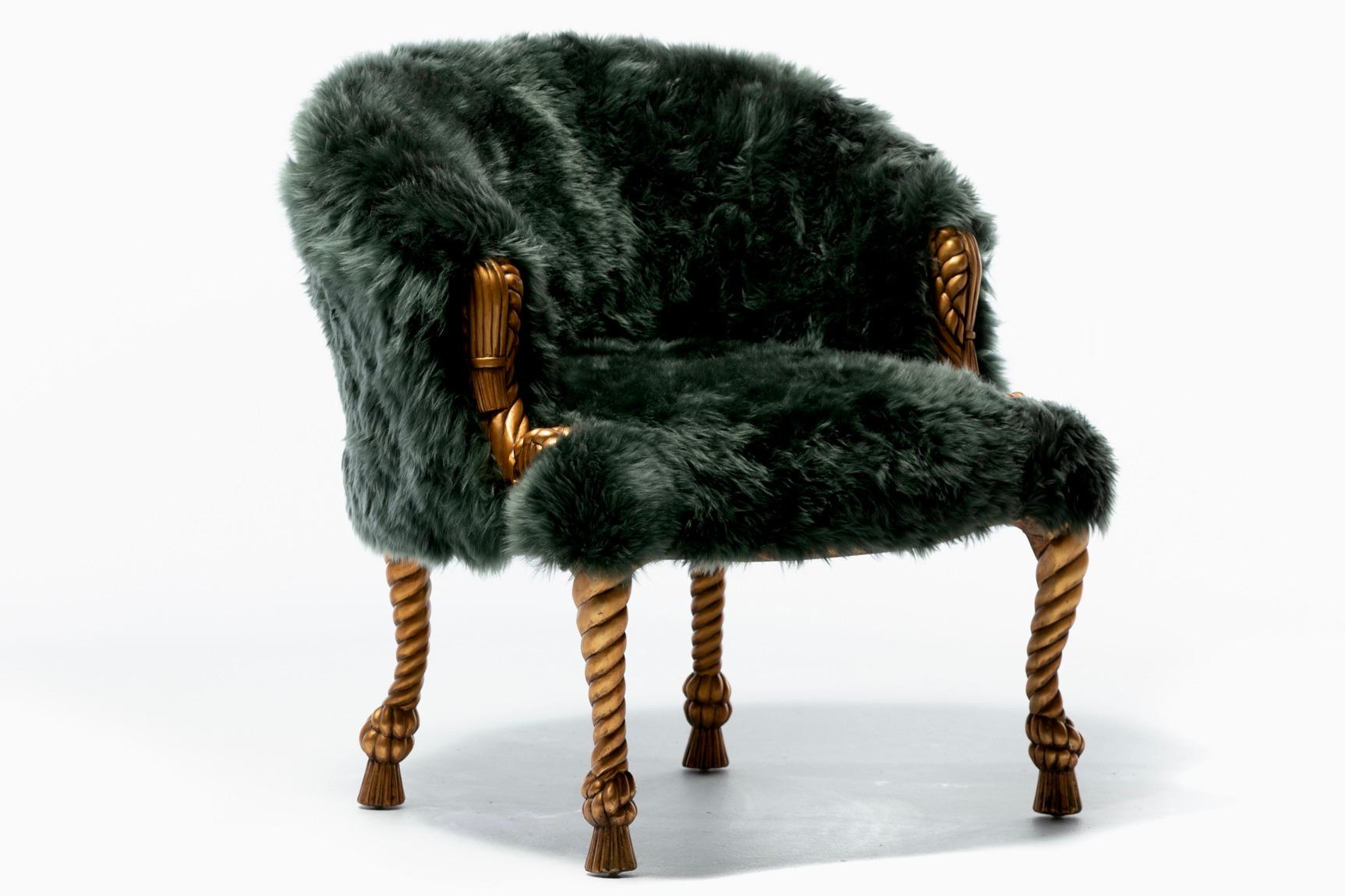 Silla Estilo Napoleón III en Piel de Oveja Esmeralda sobre Estructura de Cuerda y Borla Dorada Regencia de Hollywood en venta