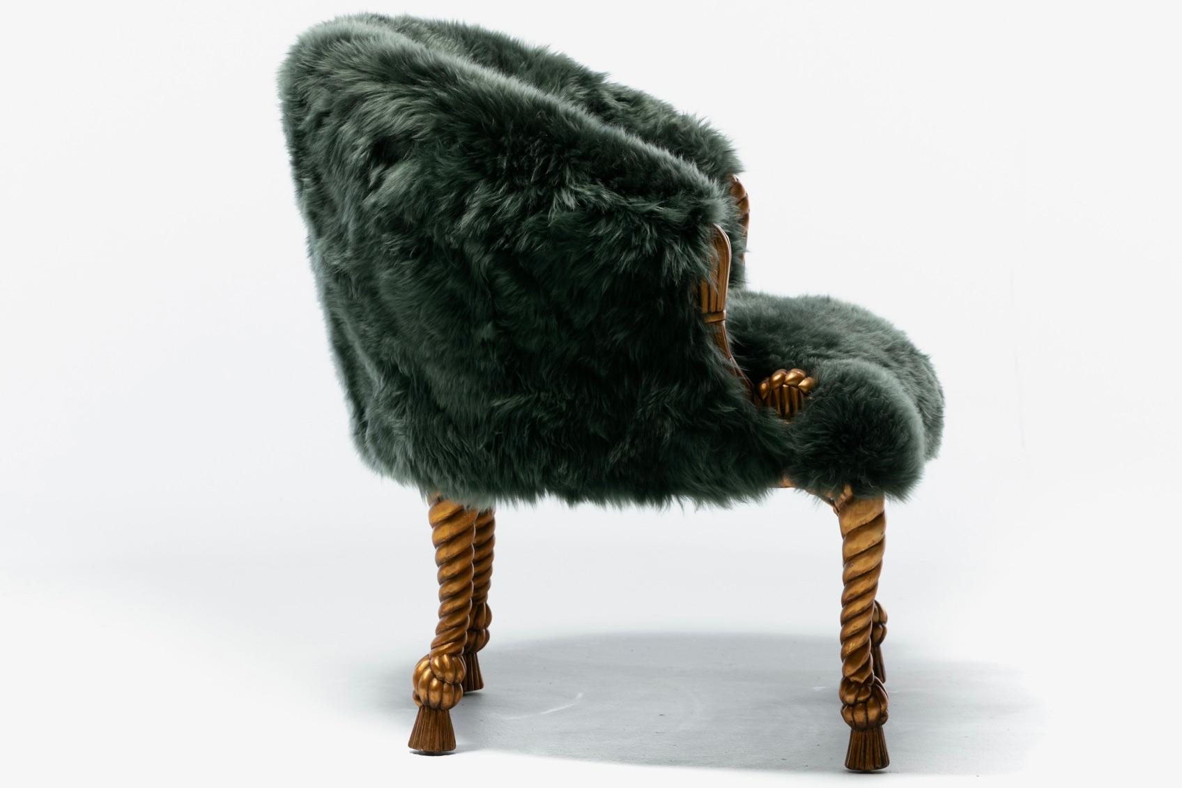 Silla Estilo Napoleón III en Piel de Oveja Esmeralda sobre Estructura de Cuerda y Borla Dorada Estadounidense en venta