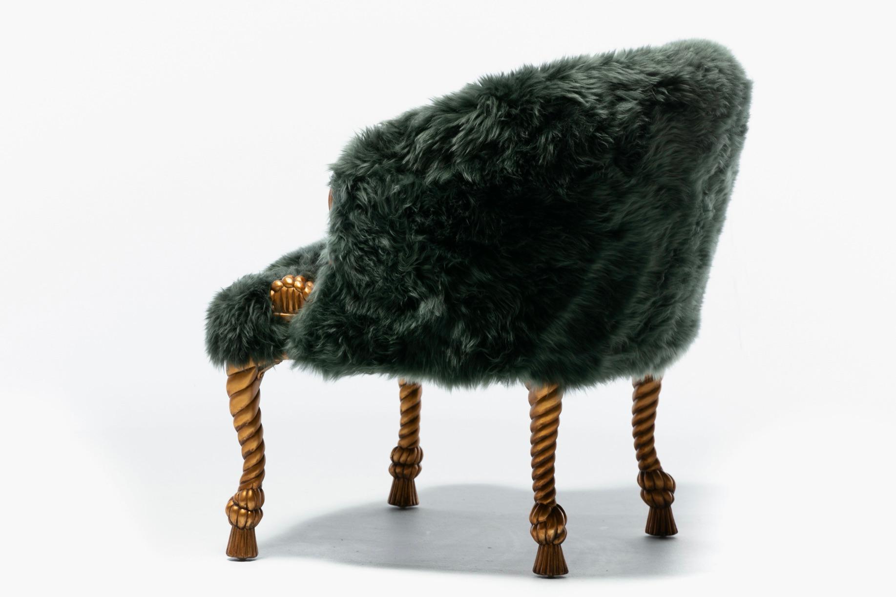Silla Estilo Napoleón III en Piel de Oveja Esmeralda sobre Estructura de Cuerda y Borla Dorada finales del siglo XX en venta