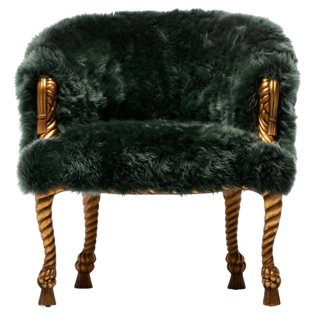 Silla Estilo Napoleón III en Piel de Oveja Esmeralda sobre Estructura de Cuerda y Borla Dorada en venta