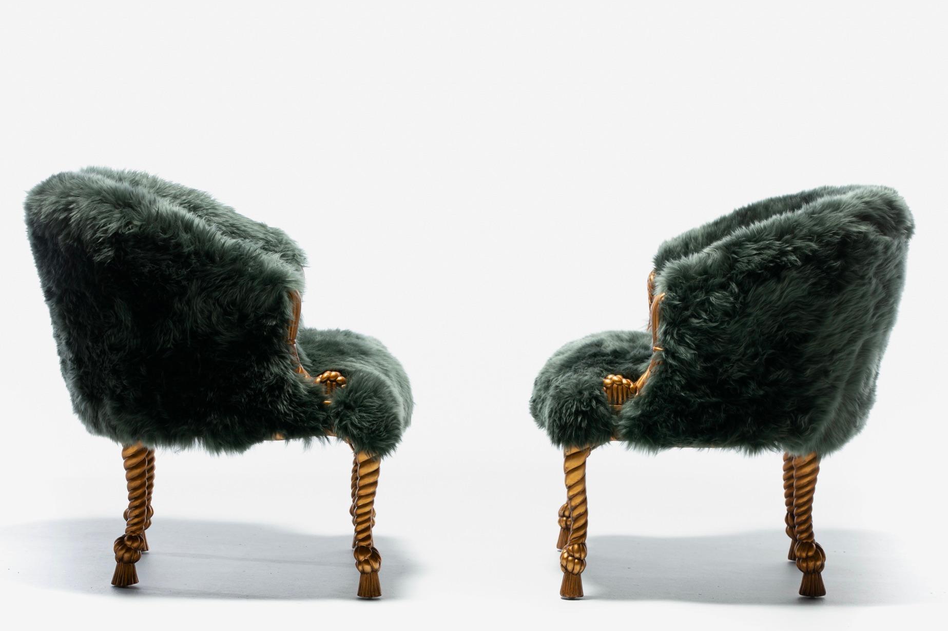 Napoleon III Style Chairs in Emerald Sheepskin on Gilt Rope & Tassel Frames For Sale 4