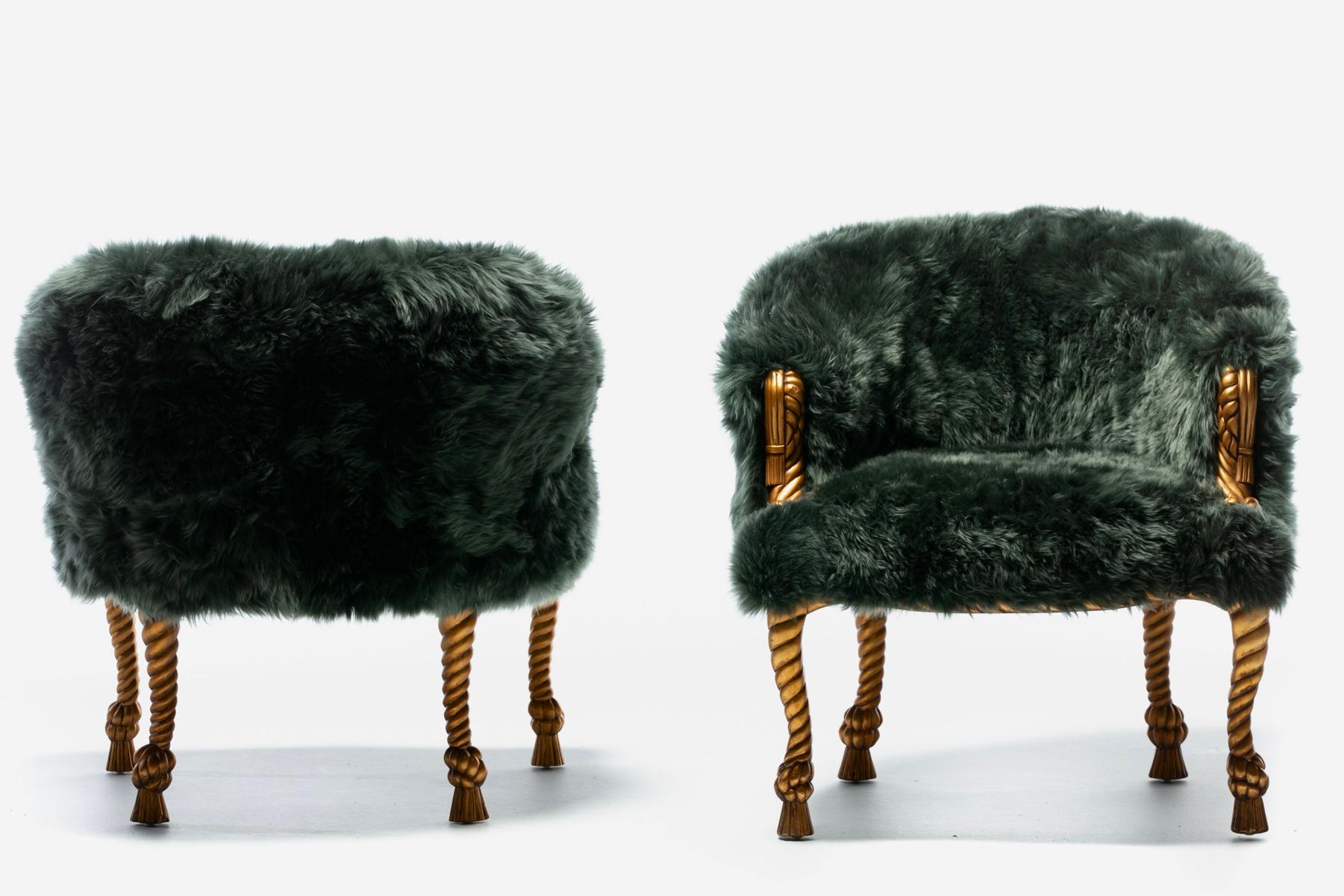 Napoleon III Style Chairs in Emerald Sheepskin on Gilt Rope & Tassel Frames For Sale 5