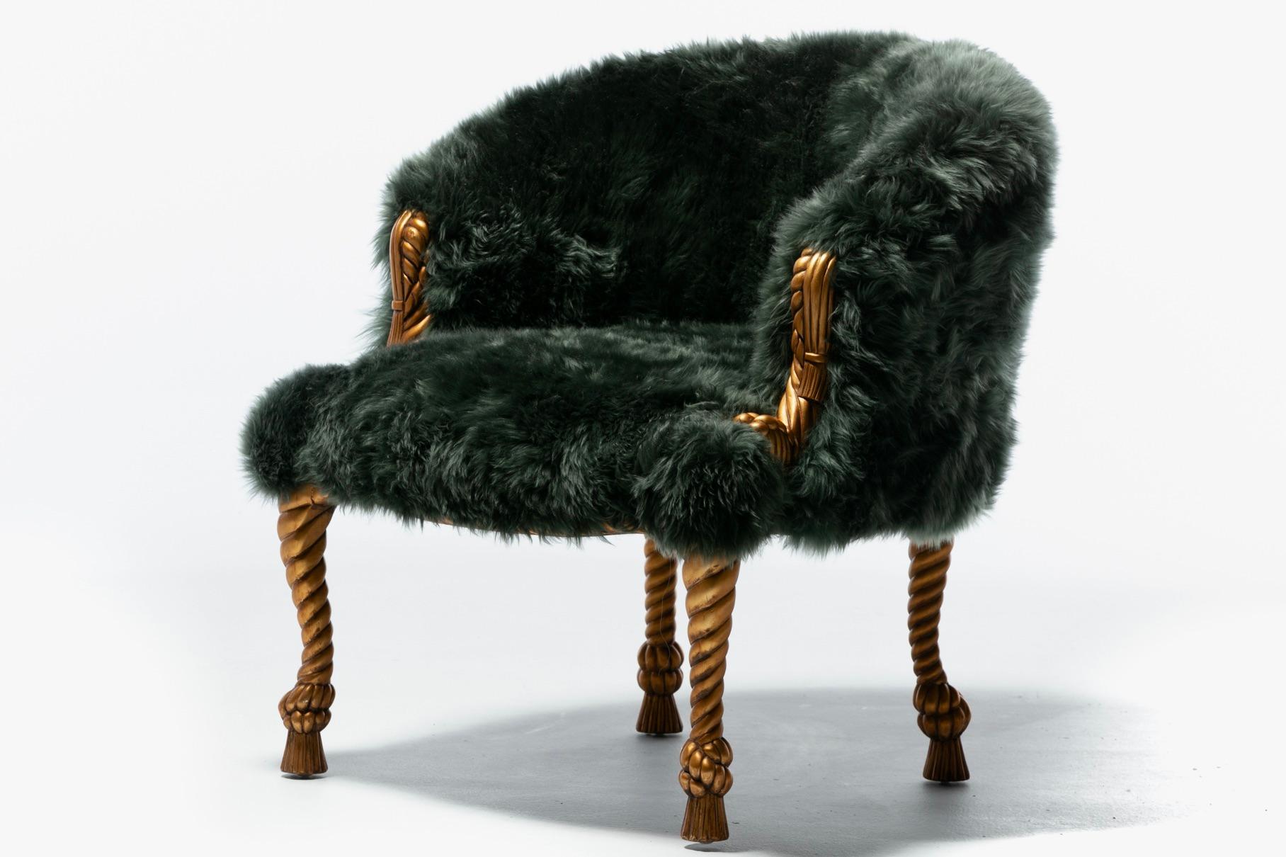 Napoleon III Style Chairs in Emerald Sheepskin on Gilt Rope & Tassel Frames For Sale 6