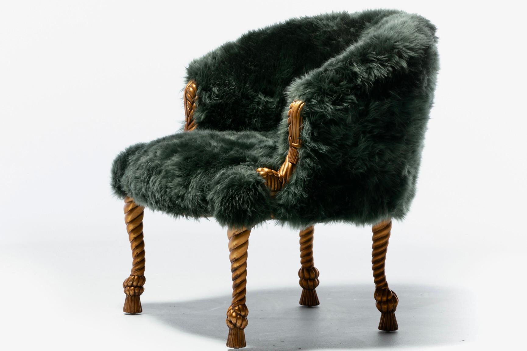 Napoleon III Style Chairs in Emerald Sheepskin on Gilt Rope & Tassel Frames For Sale 7