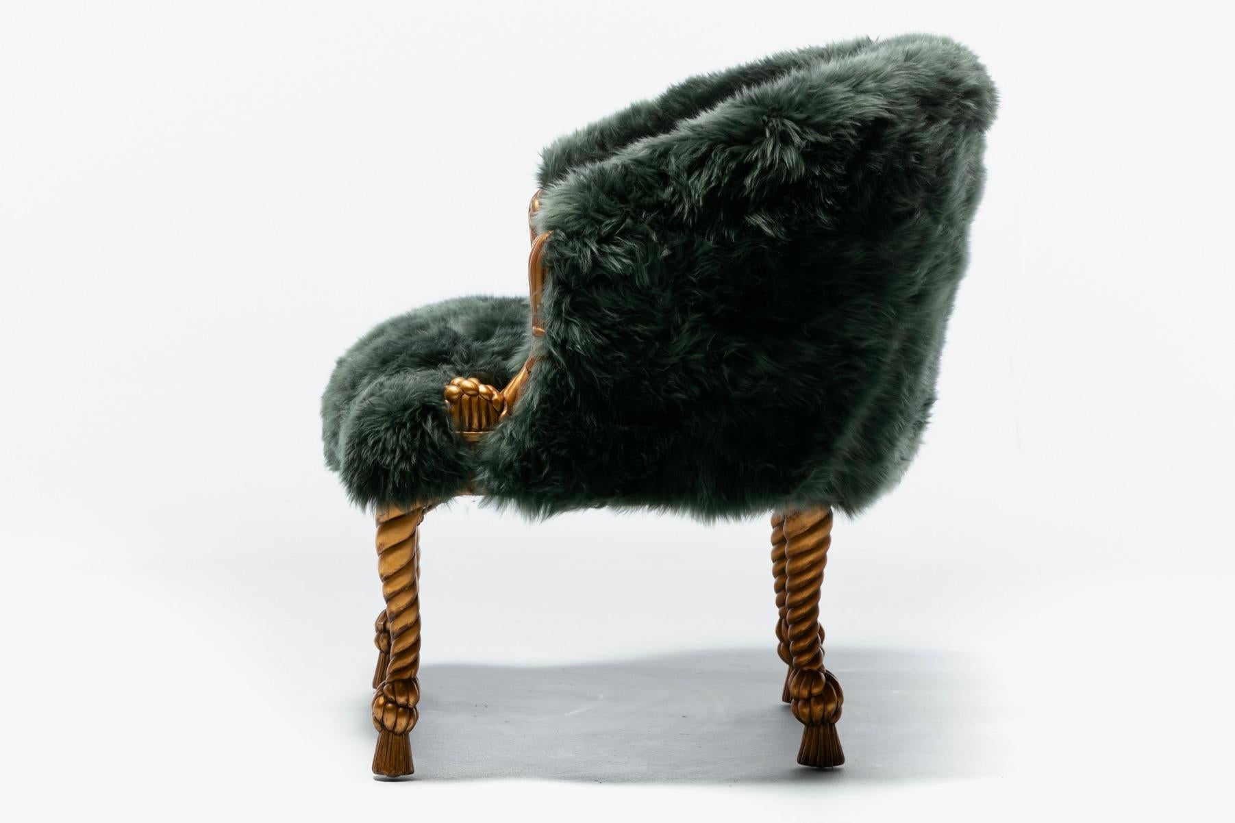 Napoleon III Style Chairs in Emerald Sheepskin on Gilt Rope & Tassel Frames For Sale 8