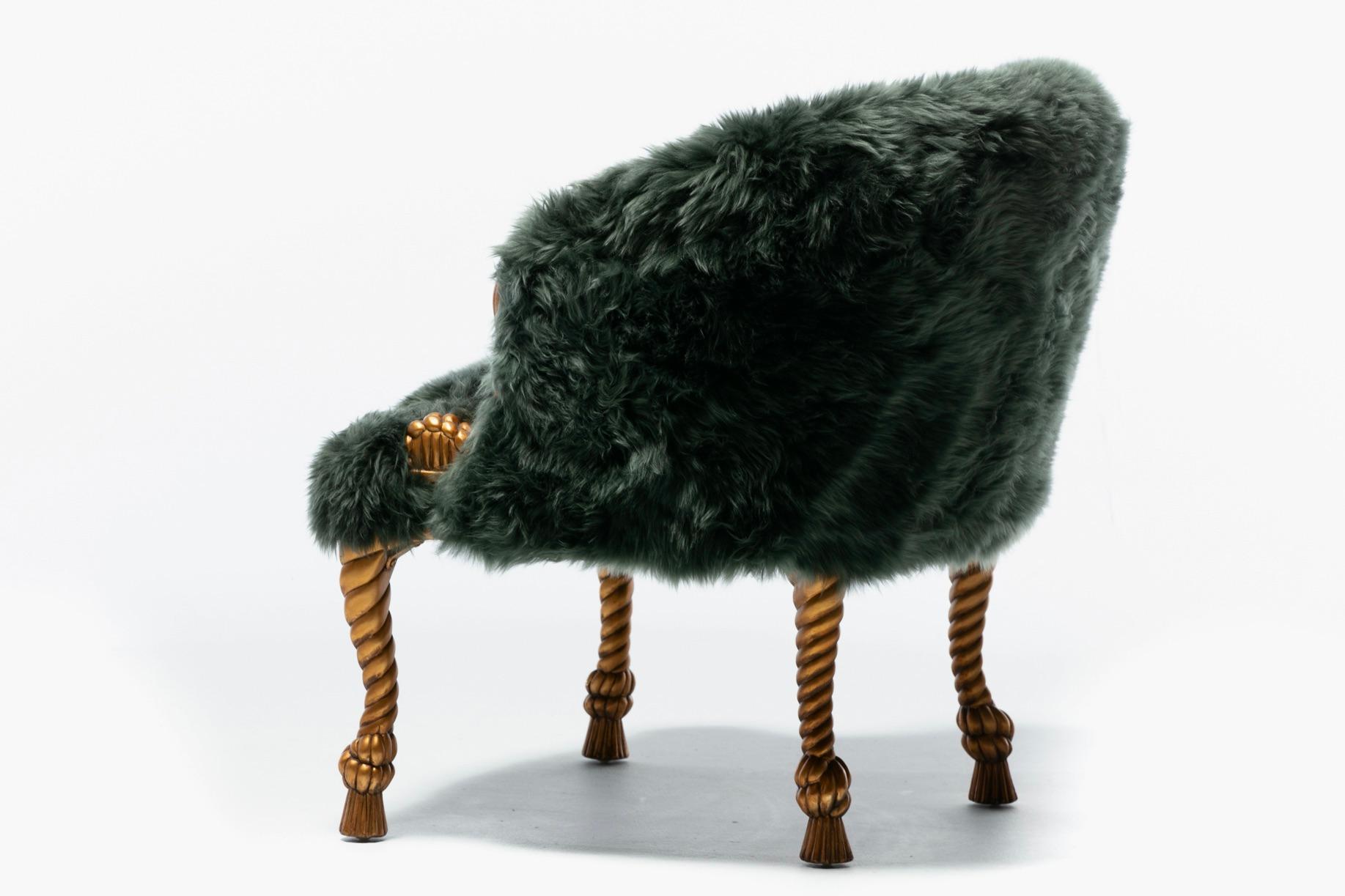 Napoleon III Style Chairs in Emerald Sheepskin on Gilt Rope & Tassel Frames For Sale 9