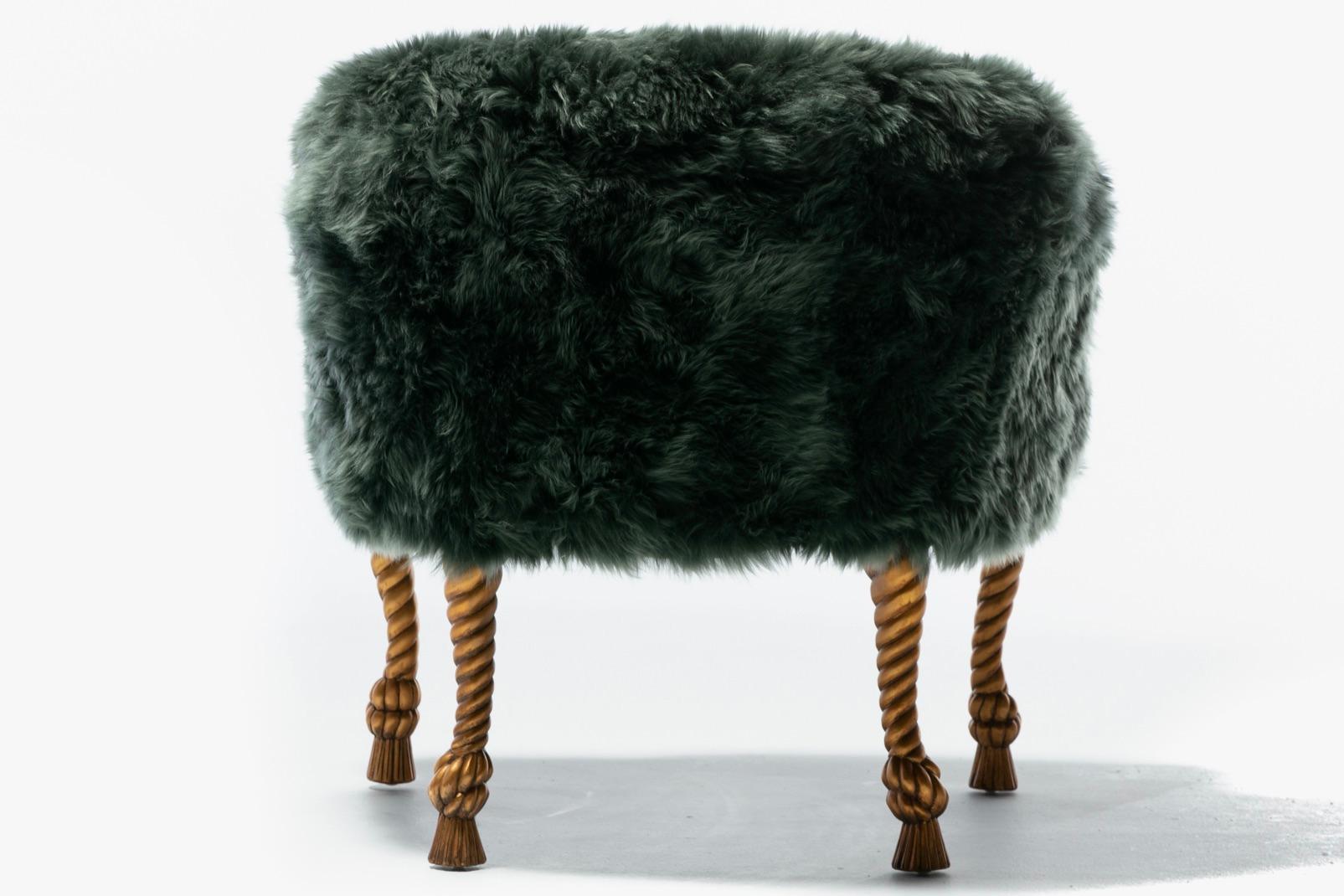 Napoleon III Style Chairs in Emerald Sheepskin on Gilt Rope & Tassel Frames For Sale 10