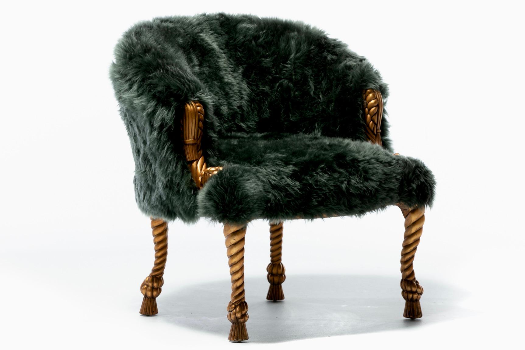 Napoleon III Style Chairs in Emerald Sheepskin on Gilt Rope & Tassel Frames For Sale 12