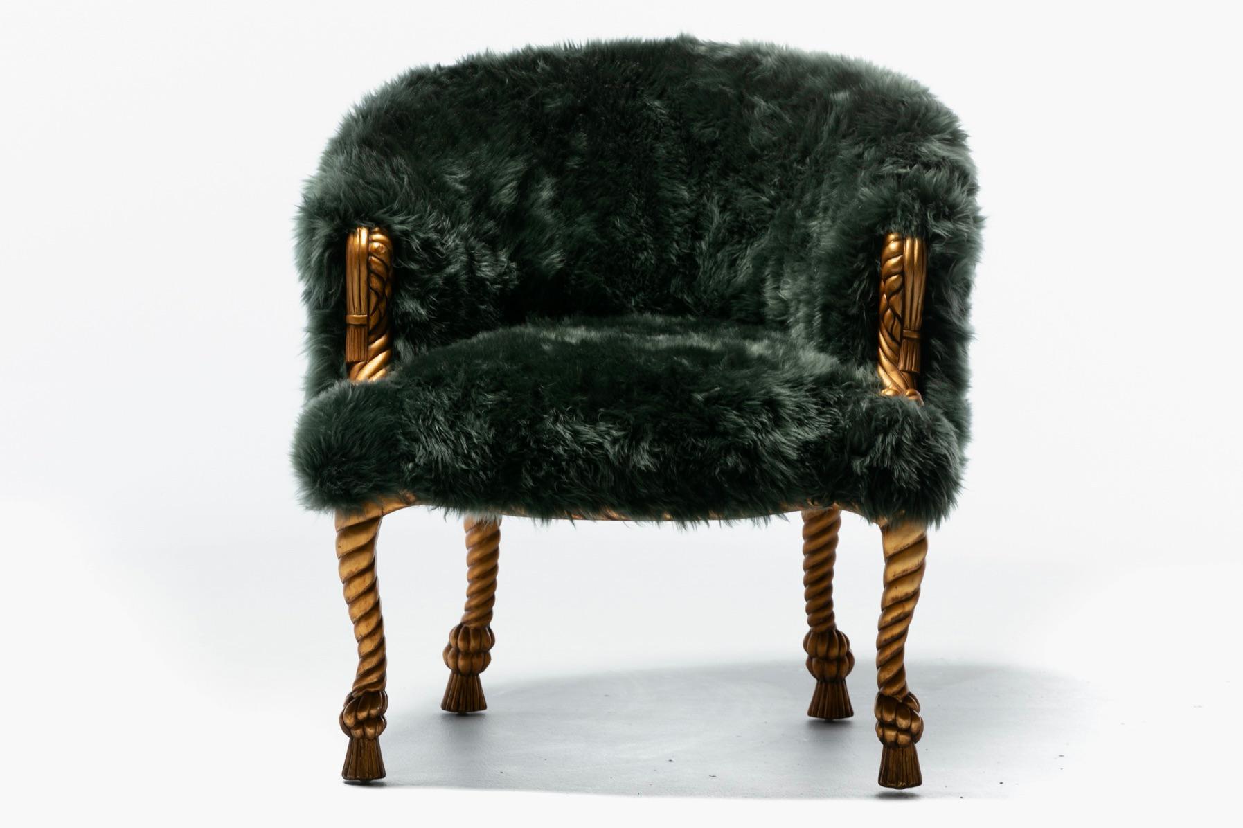 Napoleon III Style Chairs in Emerald Sheepskin on Gilt Rope & Tassel Frames For Sale 13