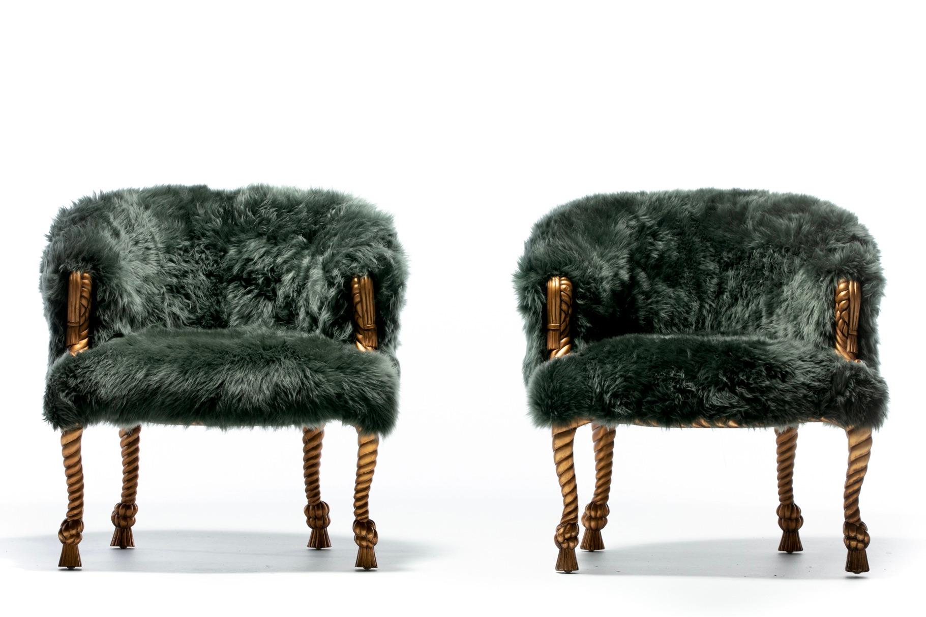 Unapologetically upscale and glamorous pair of gilt rope and tassel Napoleon III style chairs freshly upholstered in hand sewn emerald sheepskin. French. Chic. Such a killer combo. Like gold with emeralds each surface brings out the best in the