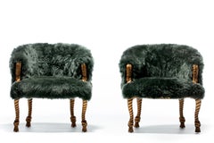 Napoleon III Style Chairs in Emerald Sheepskin on Gilt Rope & Tassel Frames