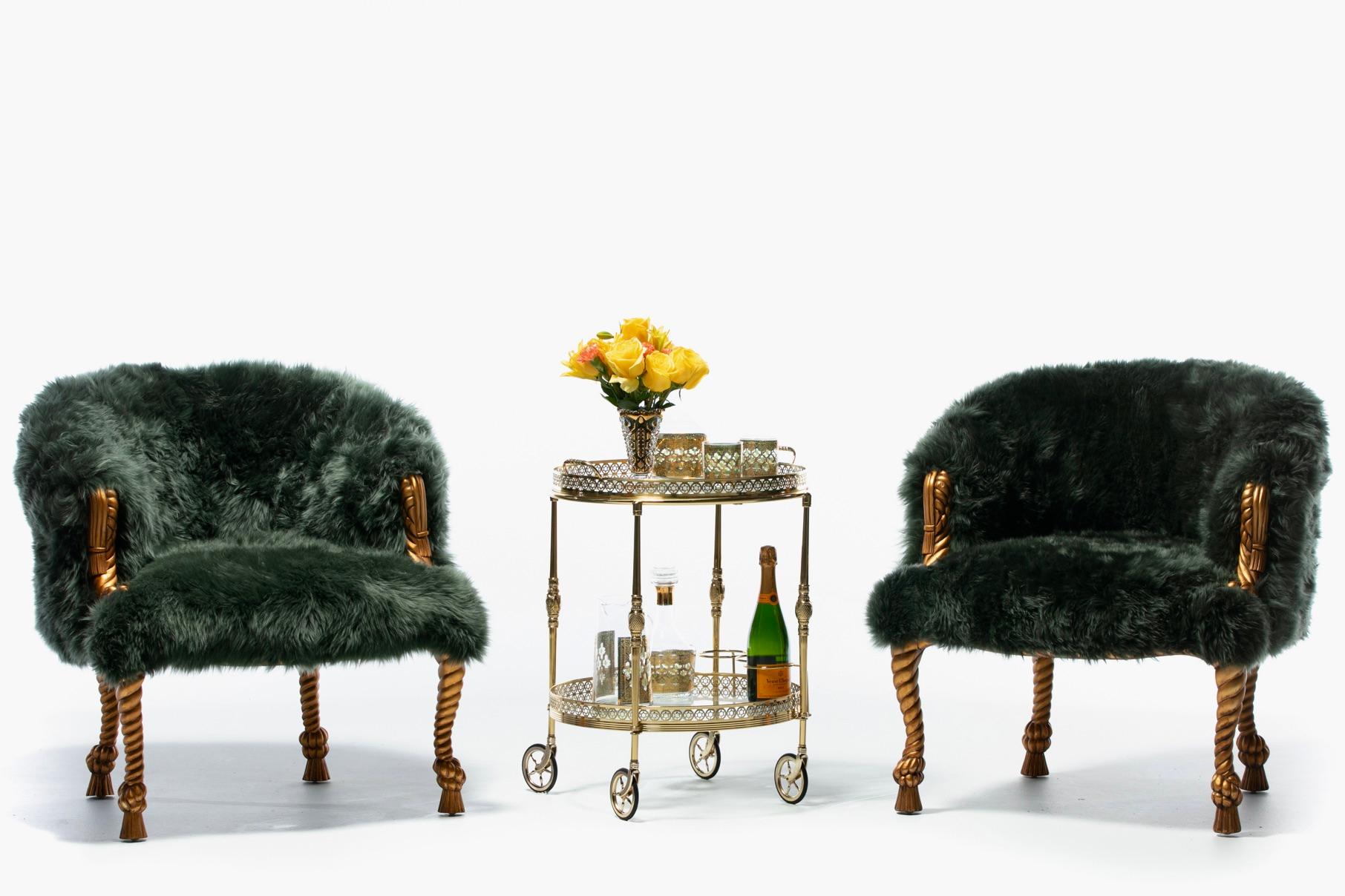 Napoleon III Style Chairs in Emerald Sheepskin on Gilt Rope & Tassel Frames For Sale 14