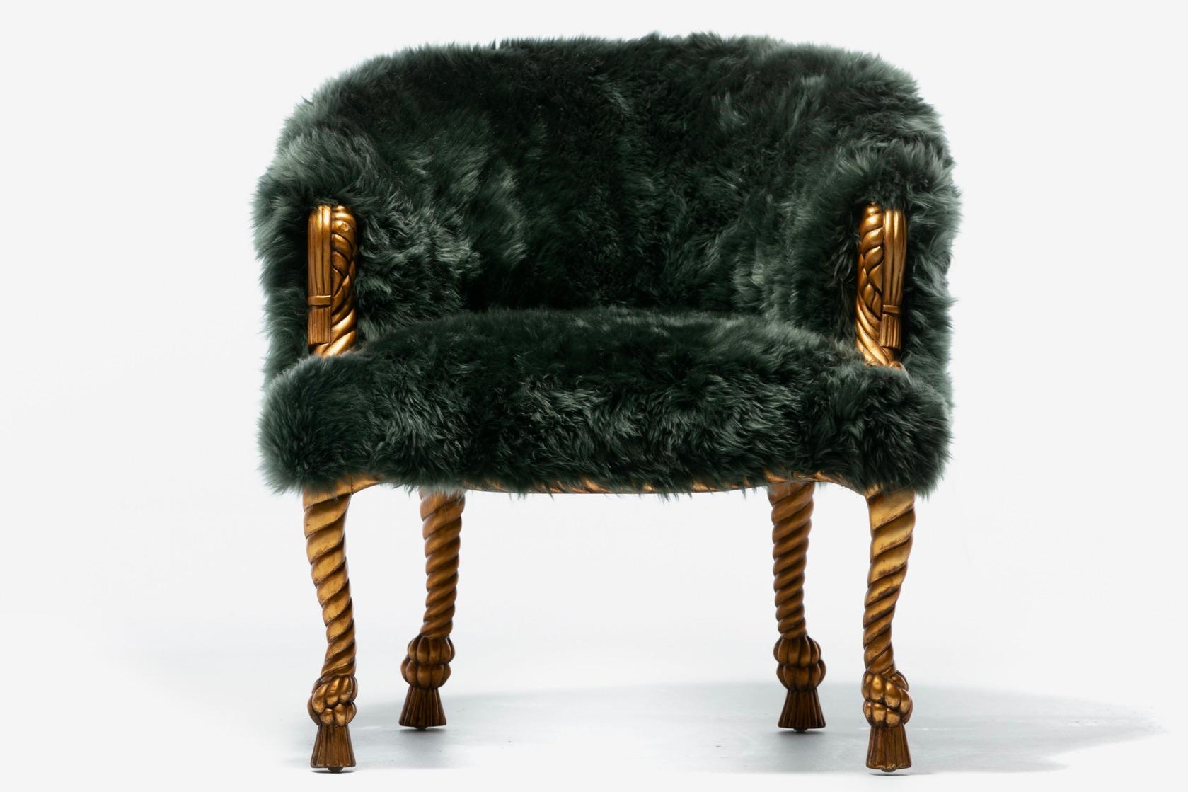 Hollywood Regency Napoleon III Style Chairs in Emerald Sheepskin on Gilt Rope & Tassel Frames For Sale