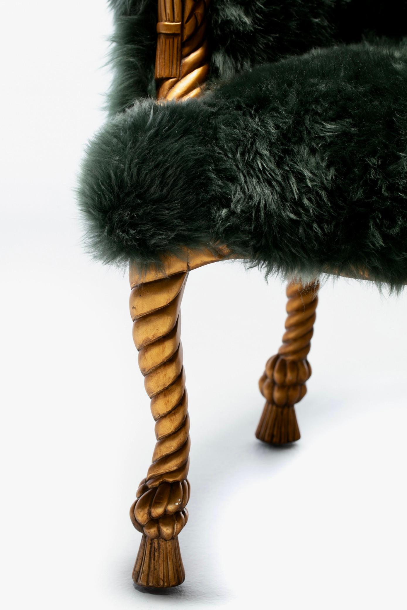 Napoleon III Style Chairs in Emerald Sheepskin on Gilt Rope & Tassel Frames For Sale 2