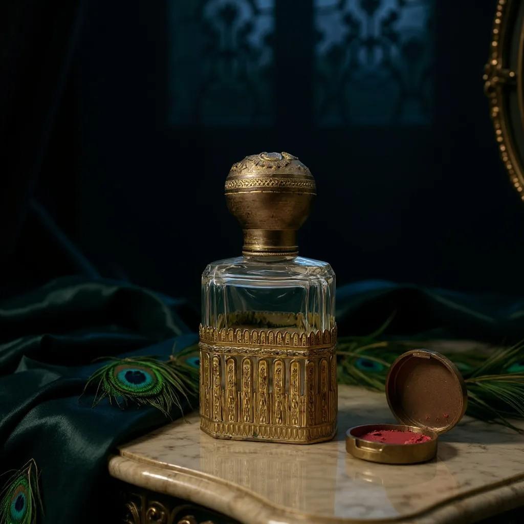 A sophisticated perfume bottle crafted from cut crystal and encased in a lace-gilded bronze frame featuring delicate decorative reliefs. The lid showcases a prominent design of a shell surrounded by elements of nature and foliage. Dating back to the