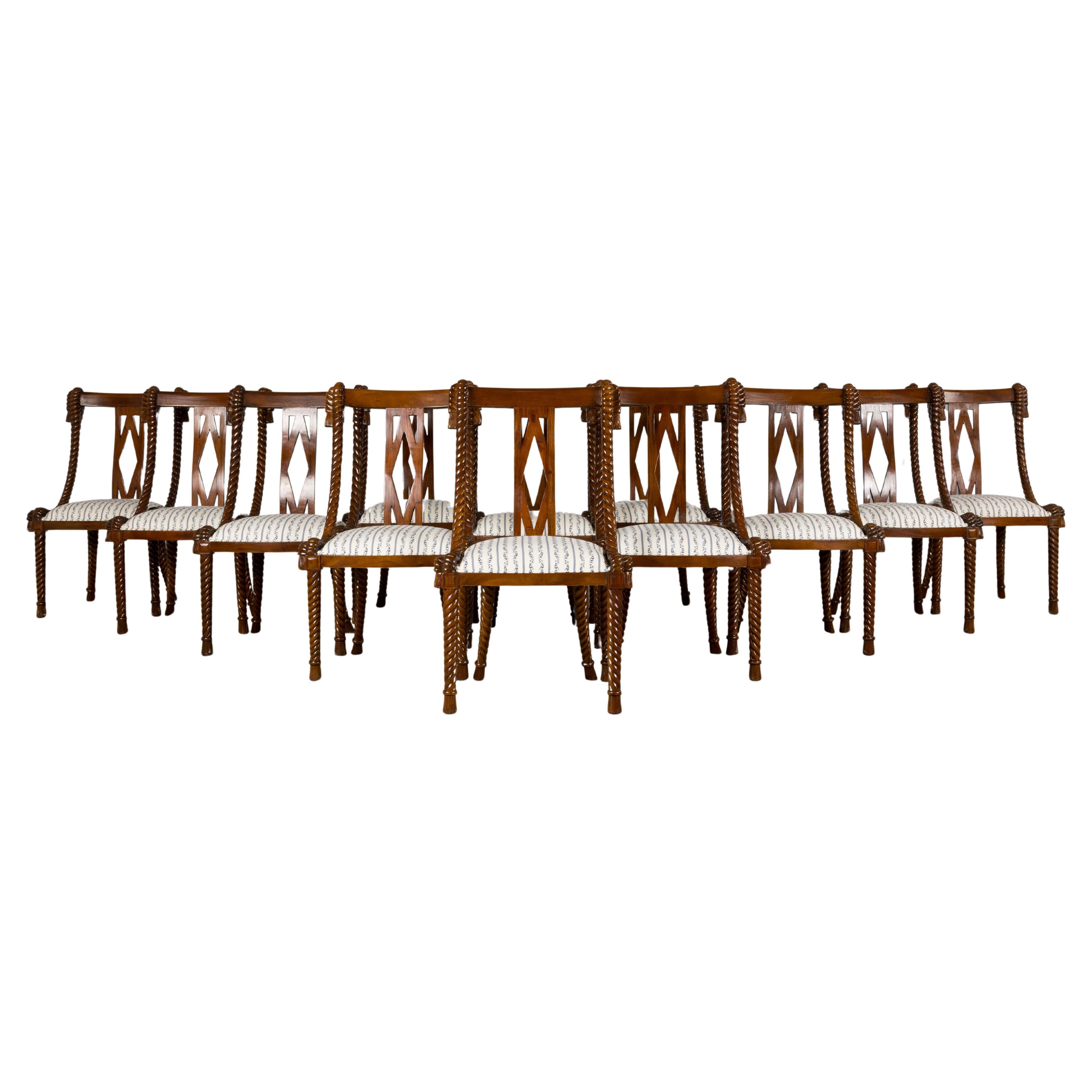 Sillas de comedor tipo góndola de caoba imitación cuerda estilo Napoleón III - Set de 12 en venta