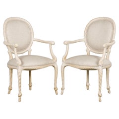 Napoleon III Style Faux Rope Painted Armchairs in Cream Fabric - A Pair