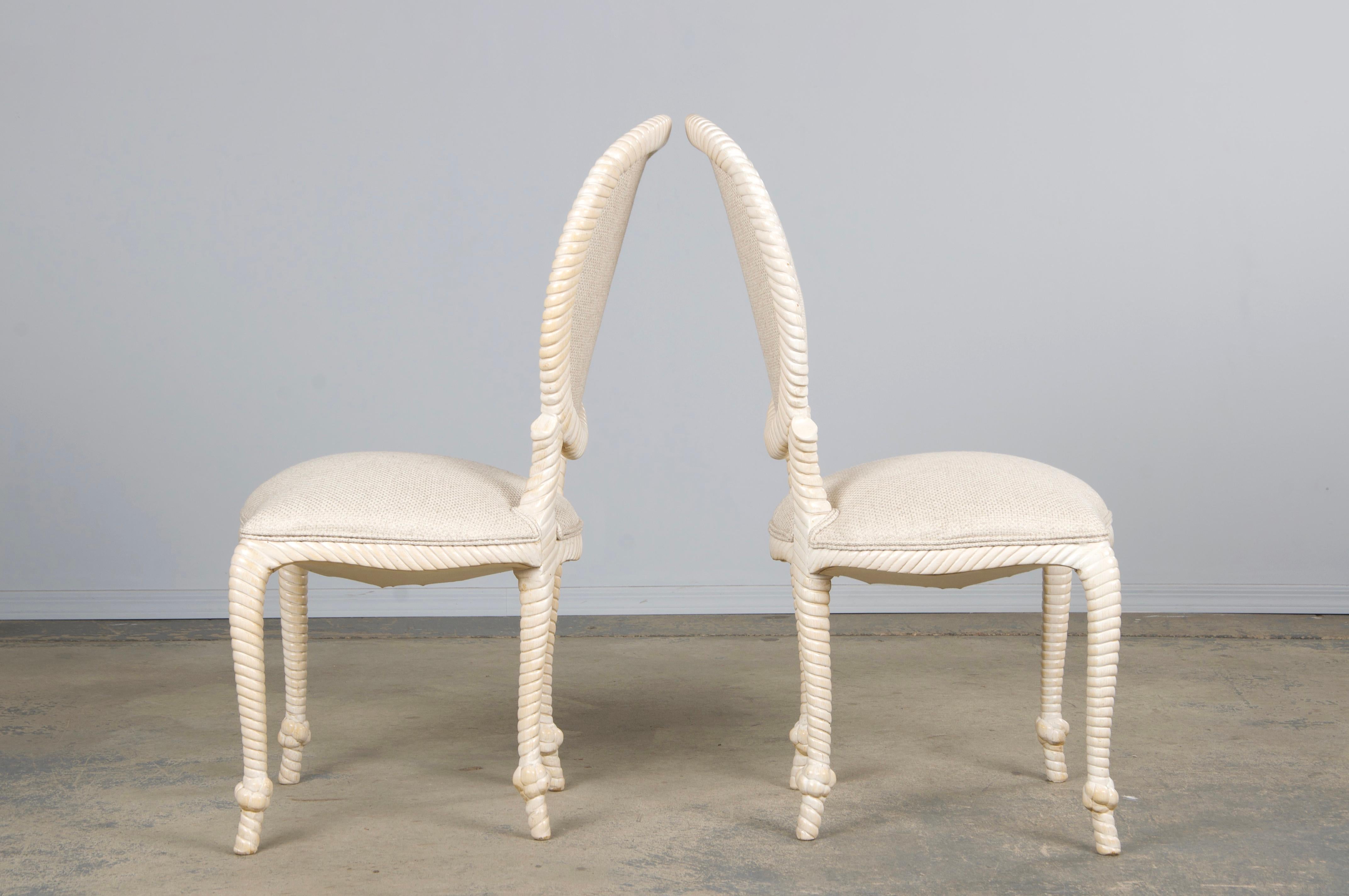 Napoleon III Style Faux Rope Painted Side Chairs in Cream Fabric - A Pair en vente 3