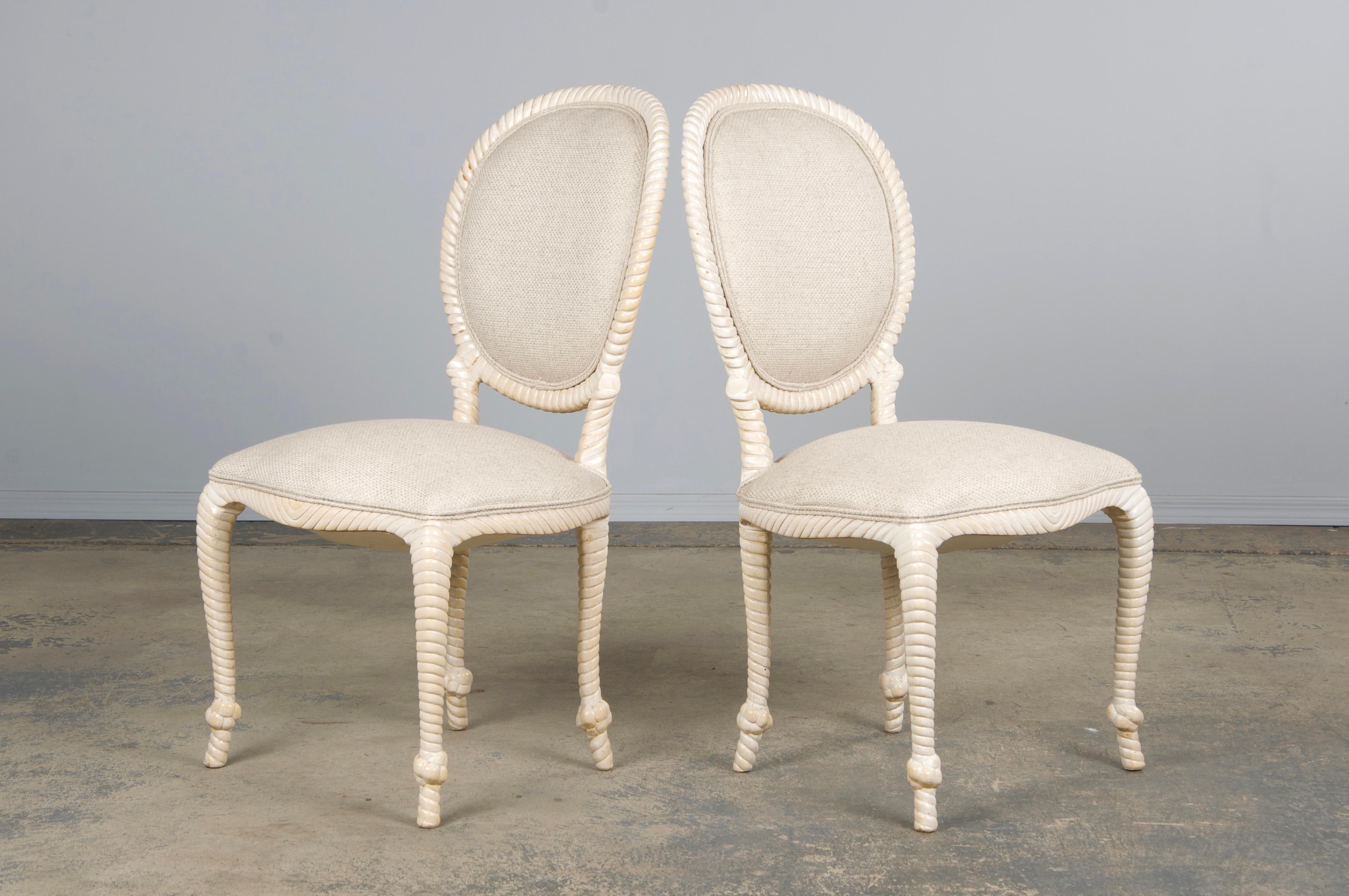 Napoleon III Style Faux Rope Painted Side Chairs in Cream Fabric - A Pair en vente 4