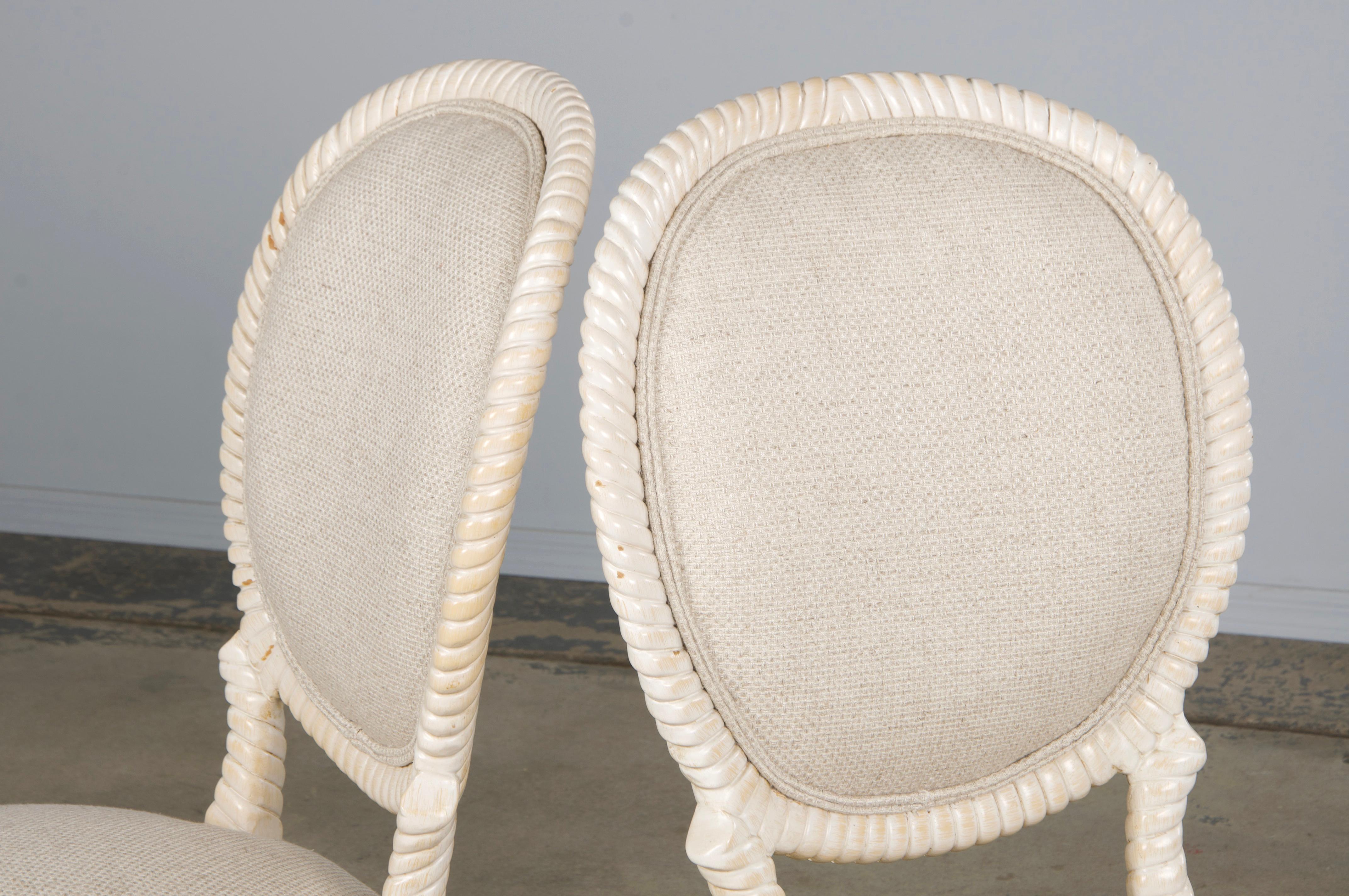 Napoleon III Style Faux Rope Painted Side Chairs in Cream Fabric - A Pair en vente 5
