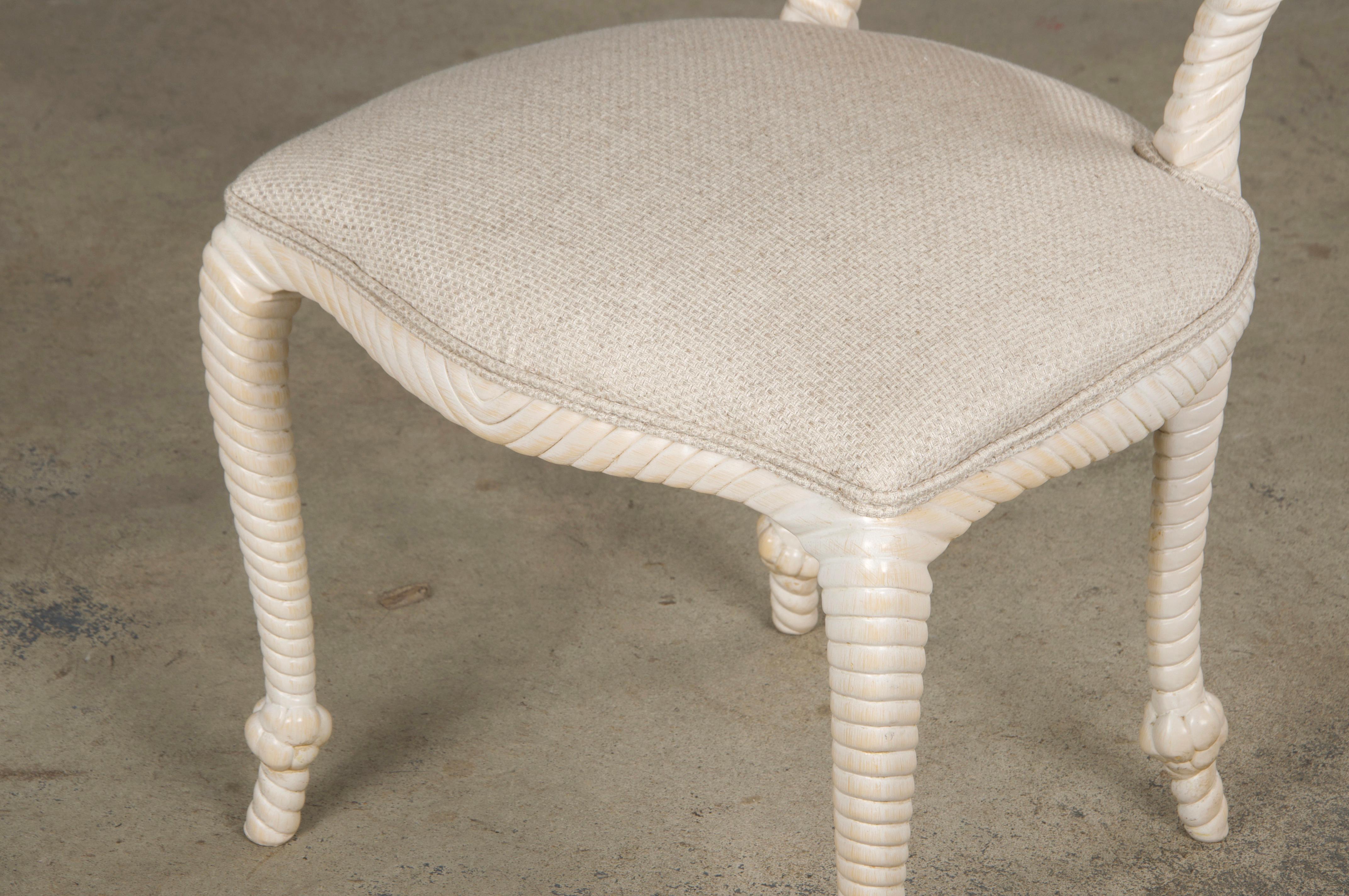 Napoleon III Style Faux Rope Painted Side Chairs in Cream Fabric - A Pair en vente 6