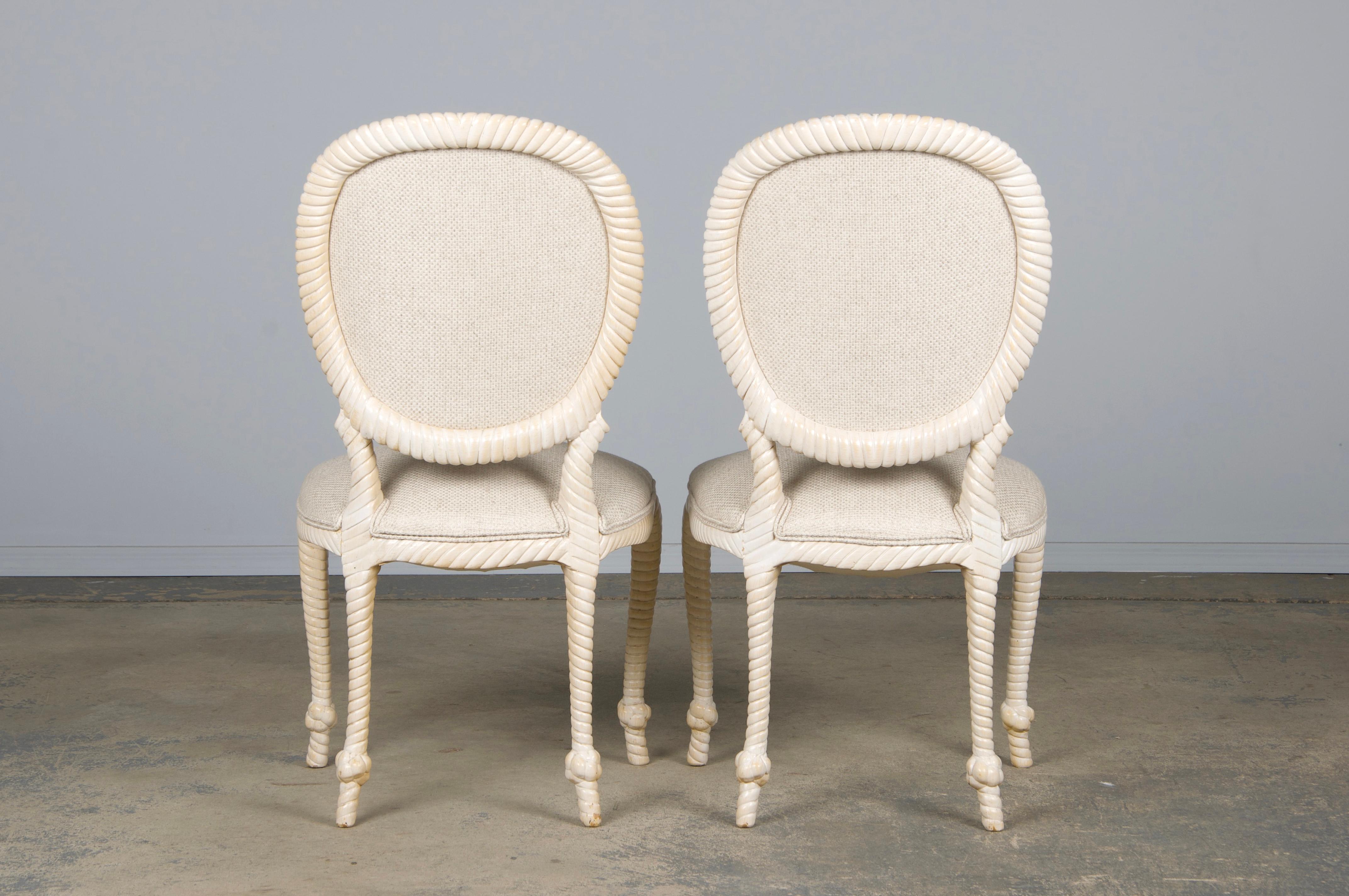 Napoleon III Style Faux Rope Painted Side Chairs in Cream Fabric - A Pair en vente 8