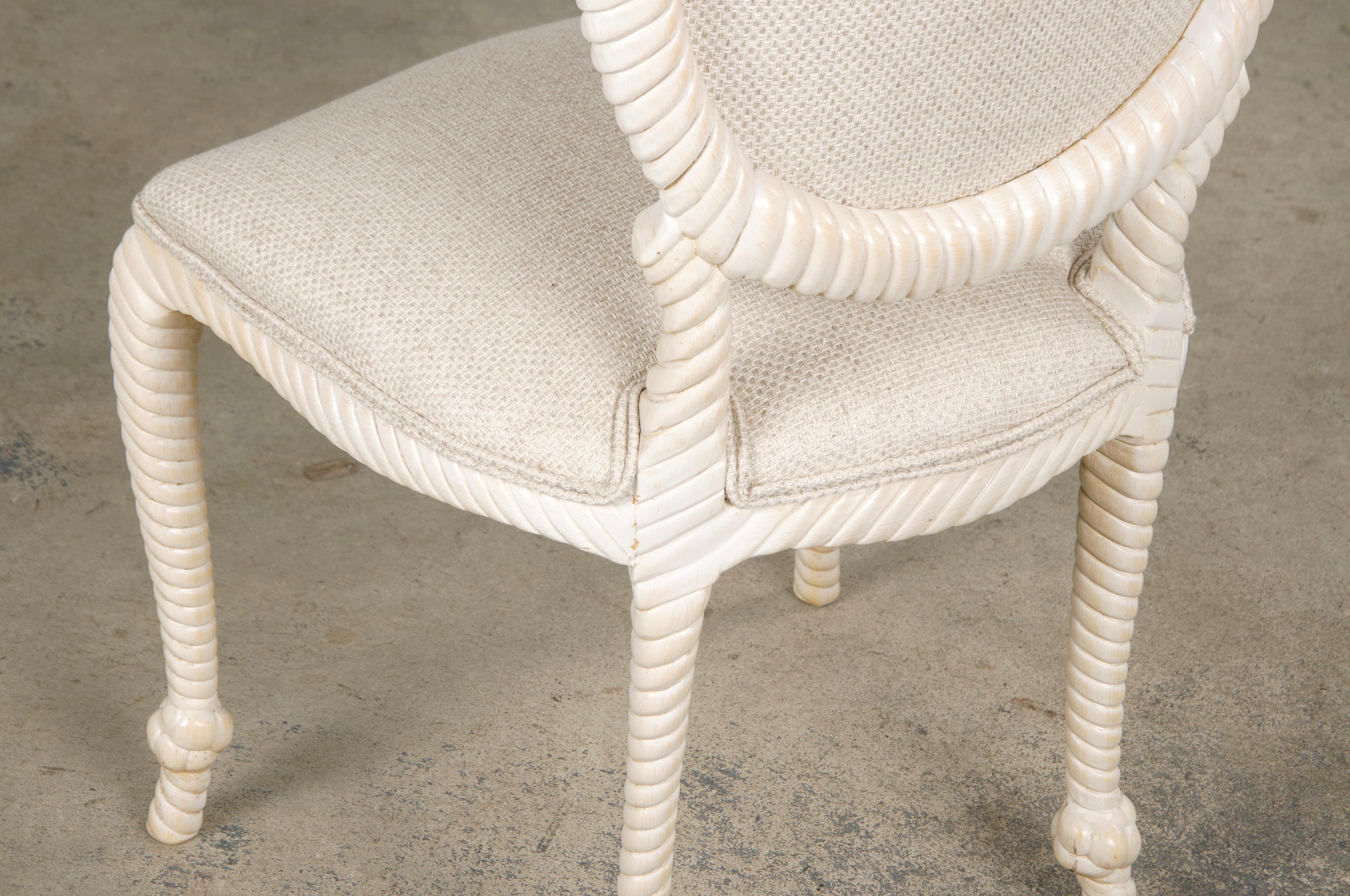 Napoleon III Style Faux Rope Painted Side Chairs in Cream Fabric - A Pair en vente 9