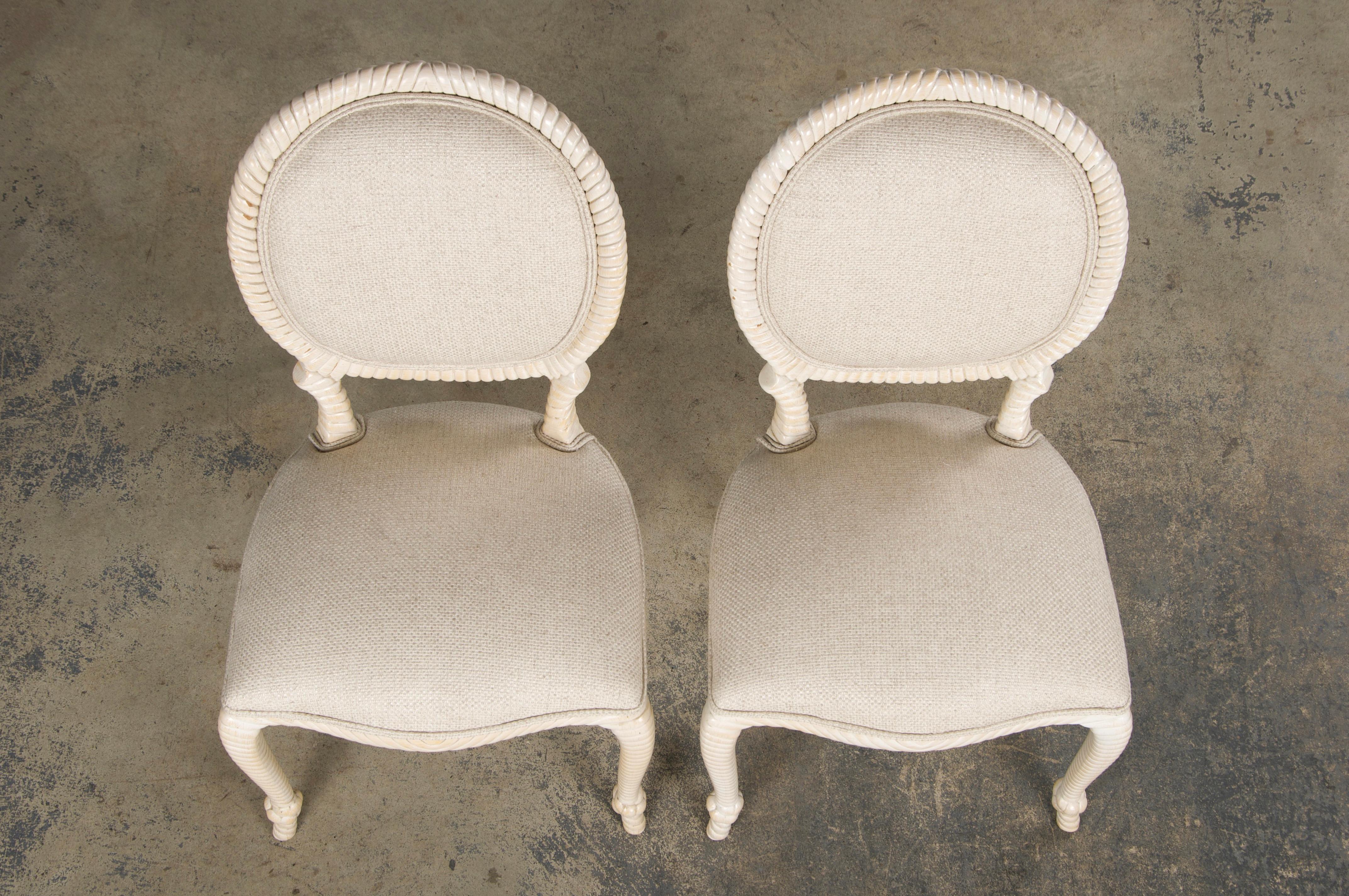 Napoléon III Napoleon III Style Faux Rope Painted Side Chairs in Cream Fabric - A Pair en vente