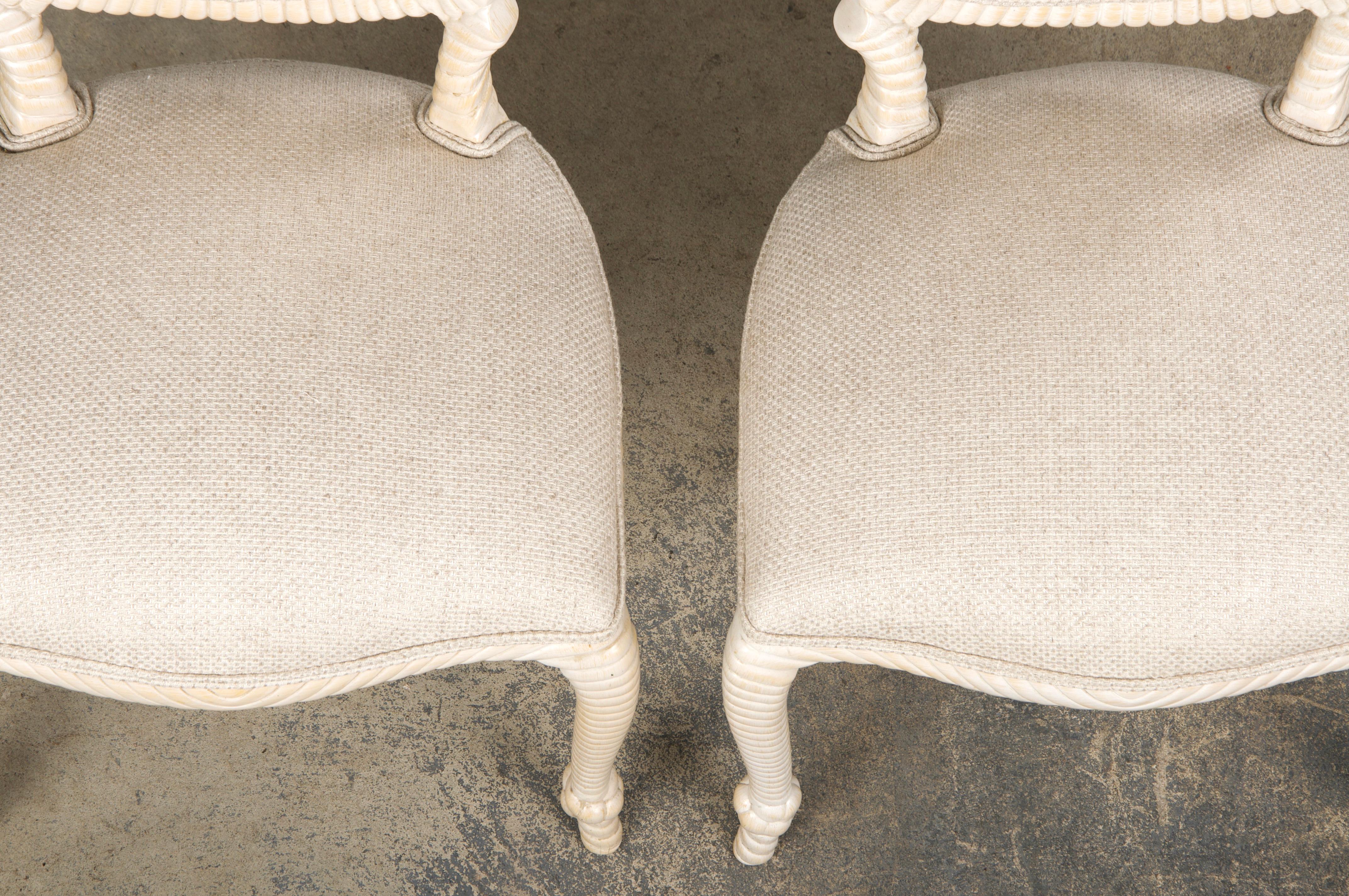 Espagnol Napoleon III Style Faux Rope Painted Side Chairs in Cream Fabric - A Pair en vente