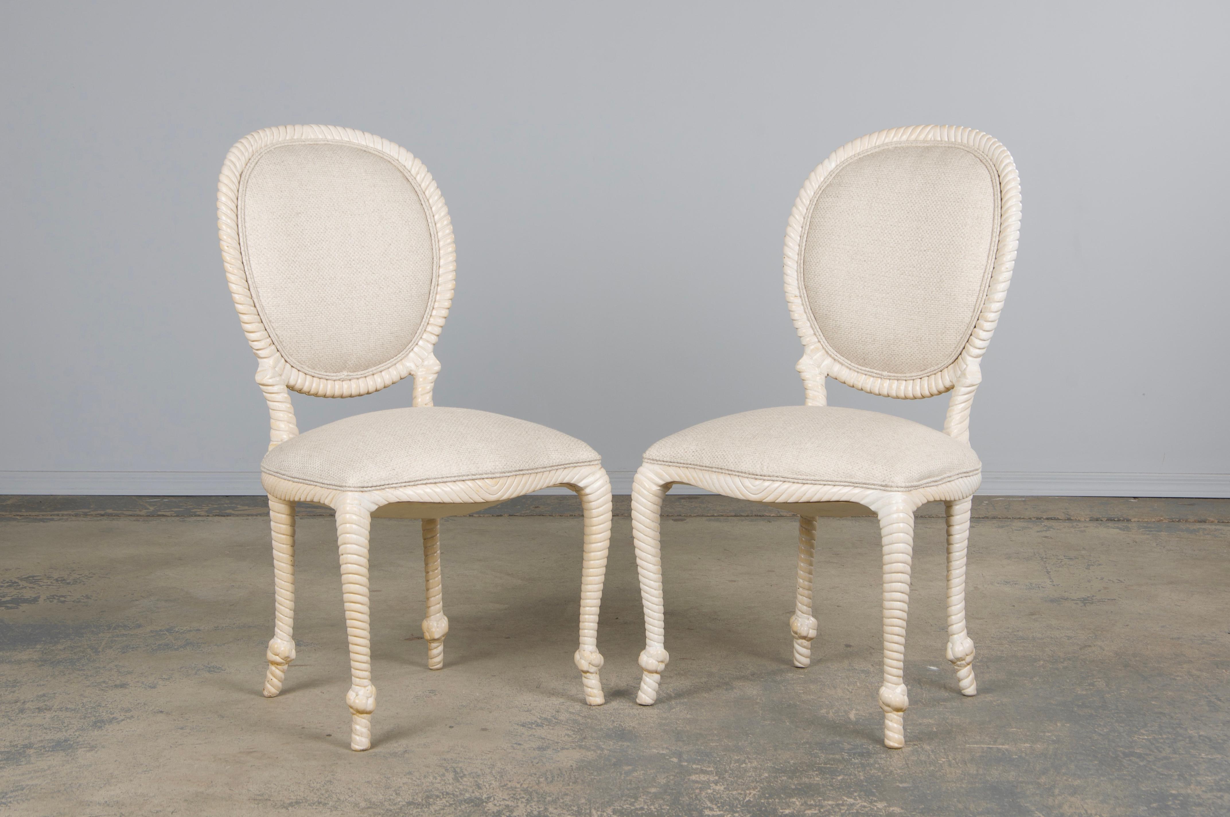Peint à la main Napoleon III Style Faux Rope Painted Side Chairs in Cream Fabric - A Pair en vente