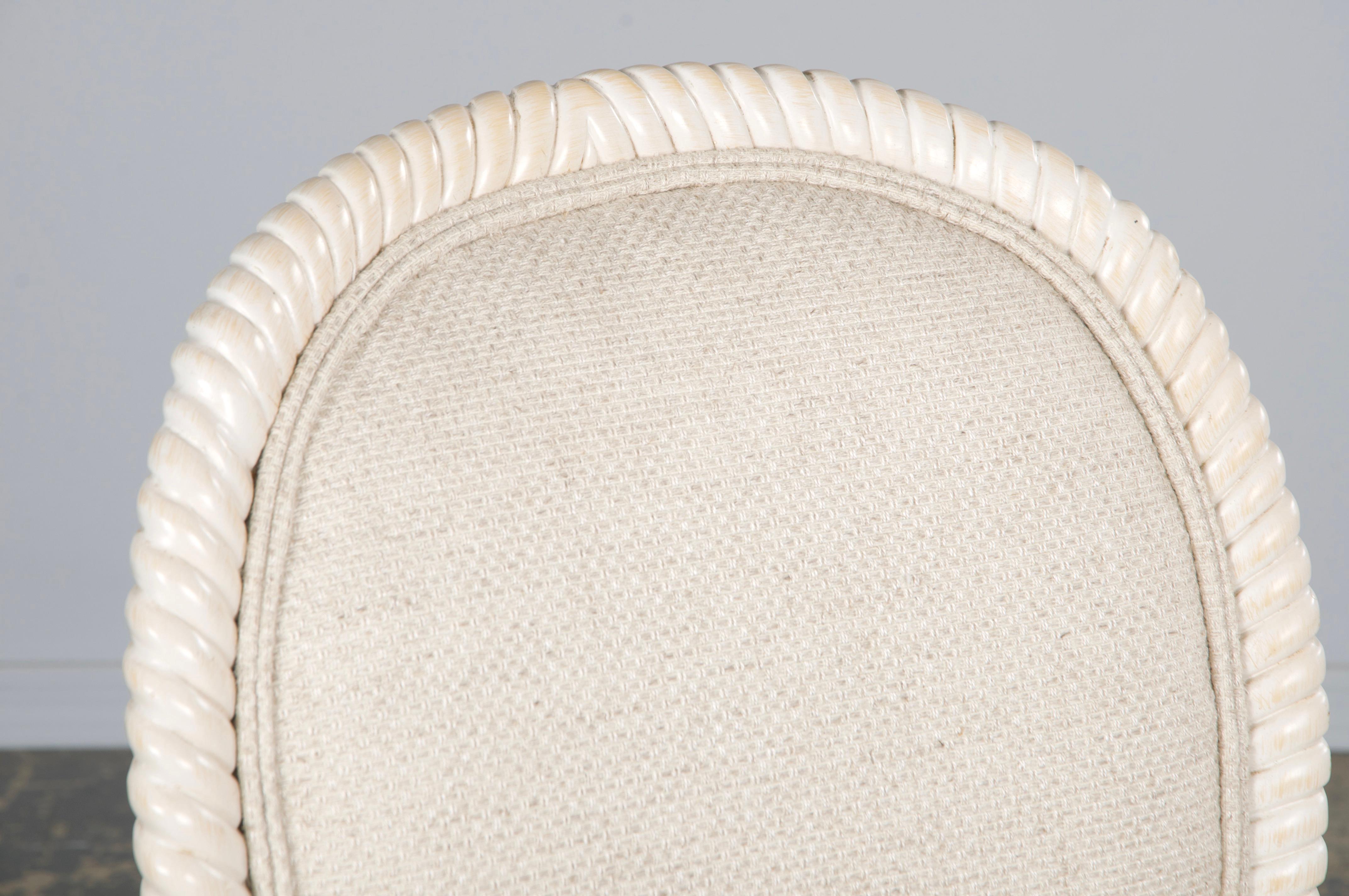 20ième siècle Napoleon III Style Faux Rope Painted Side Chairs in Cream Fabric - A Pair en vente