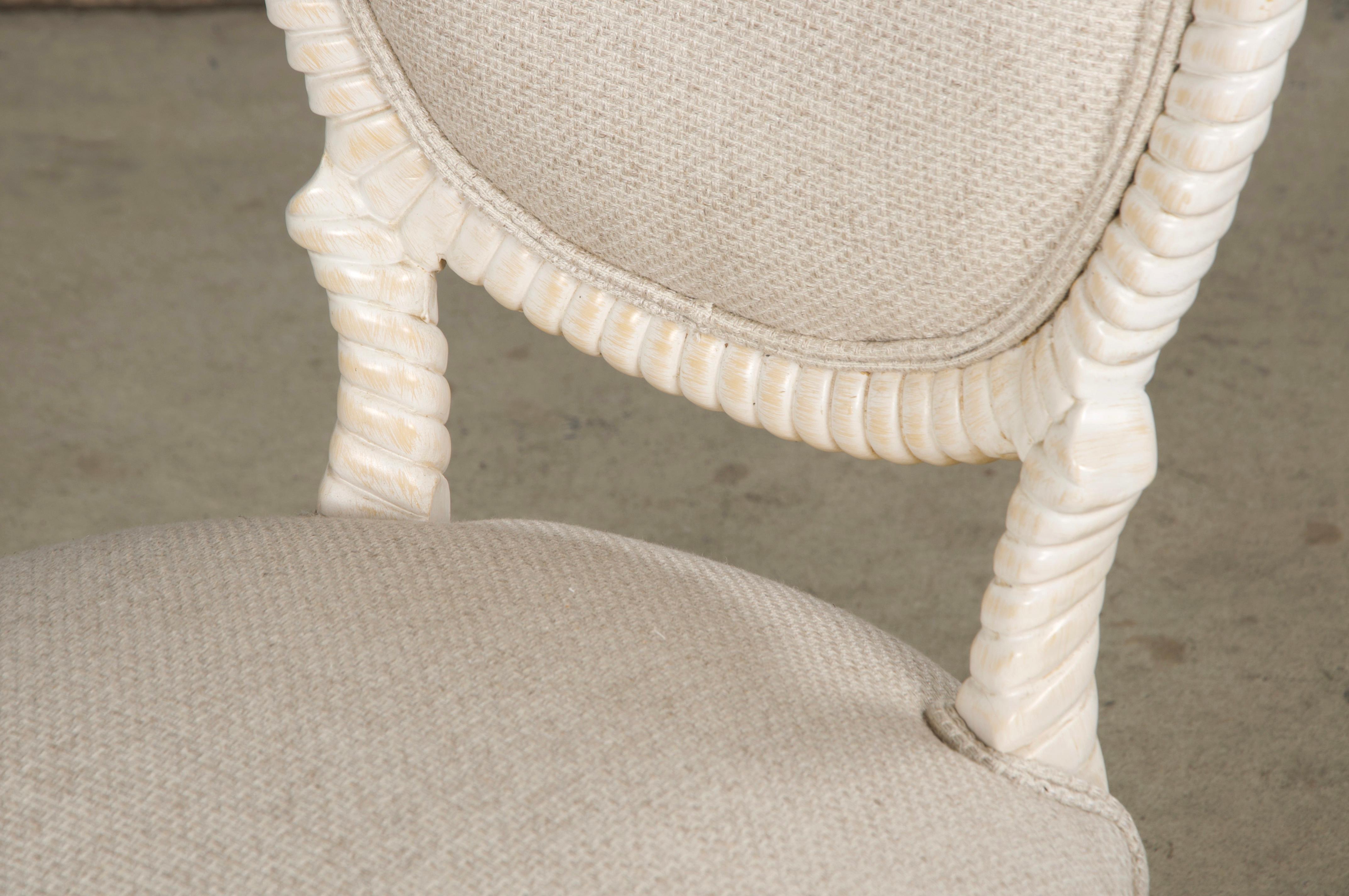 Lin Napoleon III Style Faux Rope Painted Side Chairs in Cream Fabric - A Pair en vente