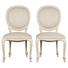 Napoleon III Style Faux Rope Painted Side Chairs in Cream Fabric - A Pair