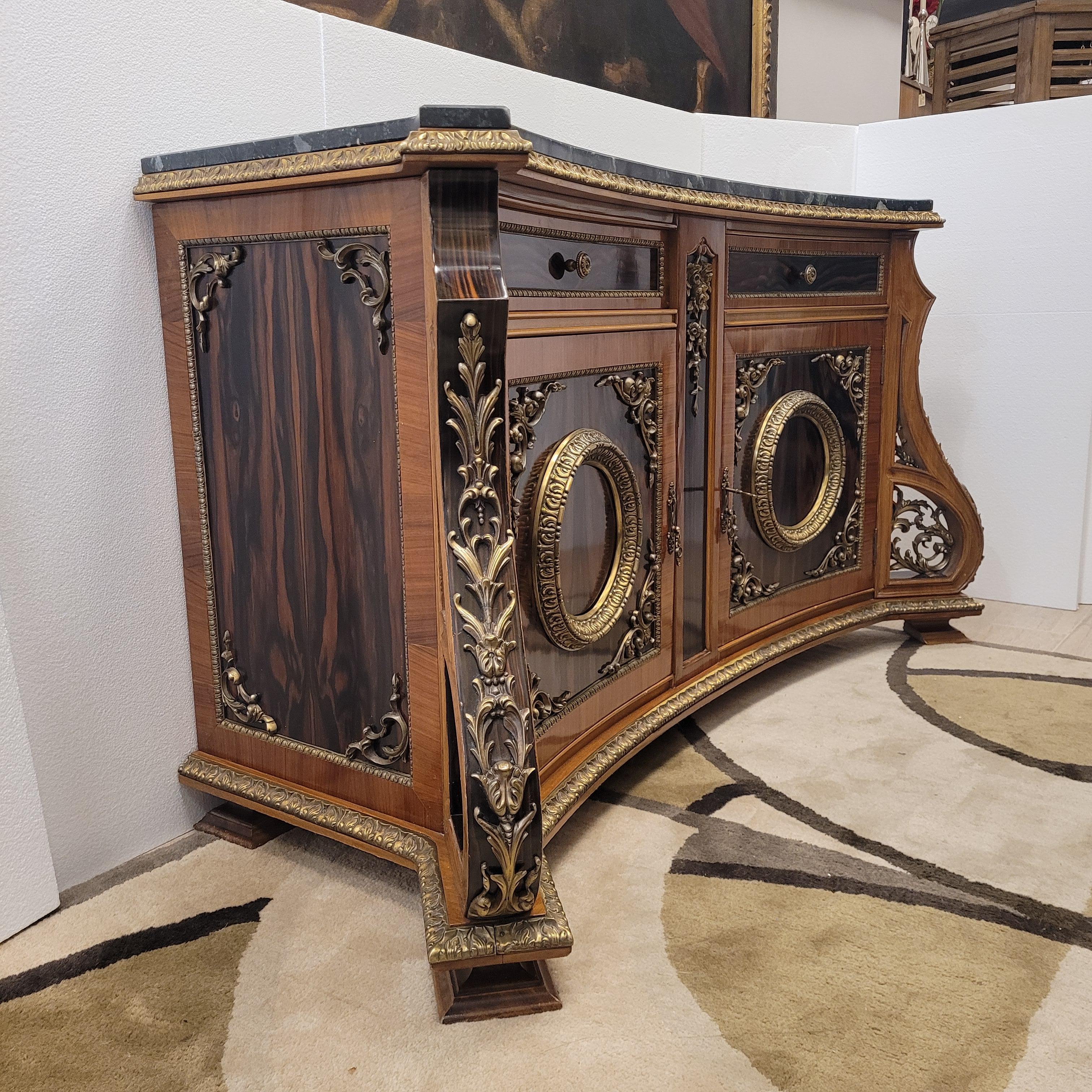 Hand-Crafted Napoleon III Style French Buffet Chest of drawers wood bronze black marble For Sale