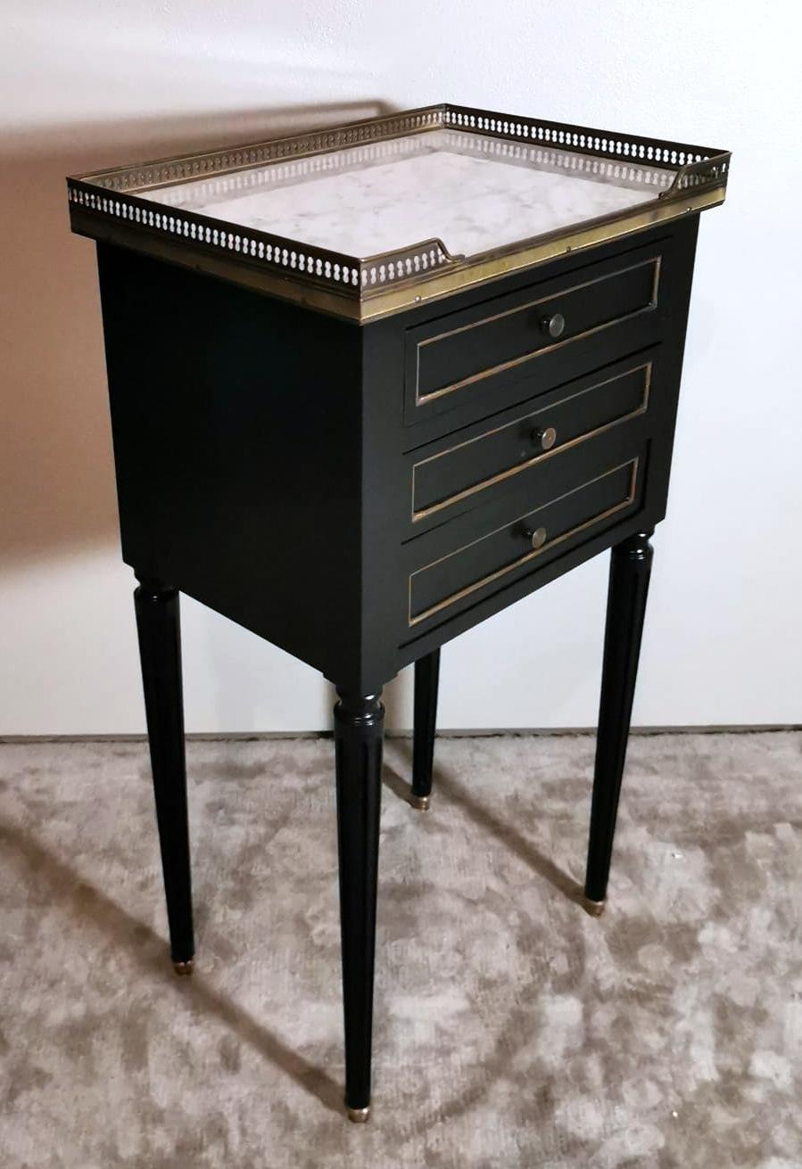 Hand-Painted Napoleon III Style French Nightstand  Black Wood And Carrara Marble For Sale