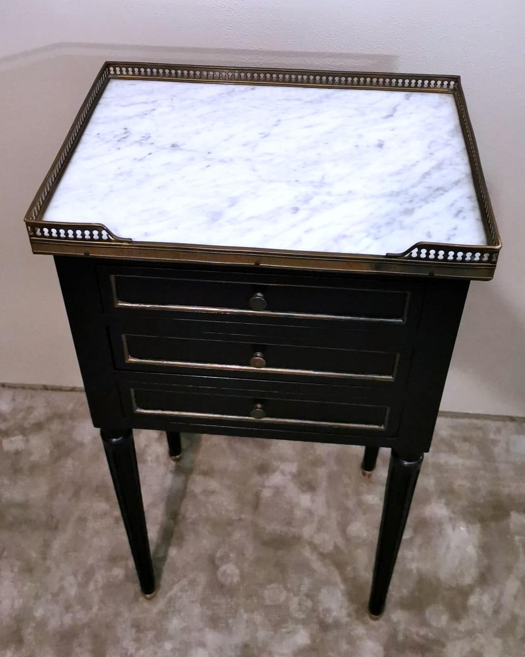 19th Century Napoleon III Style French Nightstand  Black Wood And Carrara Marble For Sale