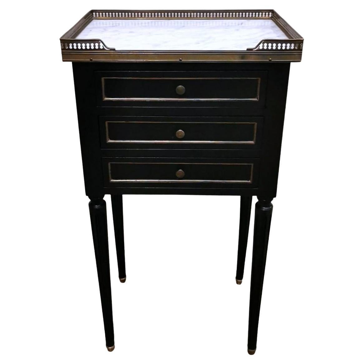 Napoleon III Style French Nightstand  Black Wood And Carrara Marble For Sale