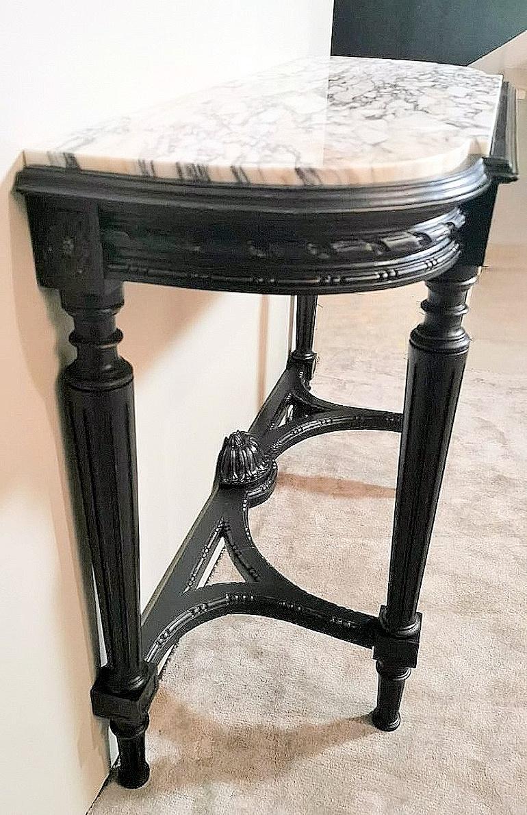 Napoleon III Style French Console Table Black Wood And Carrara Arabesque Marble For Sale 12