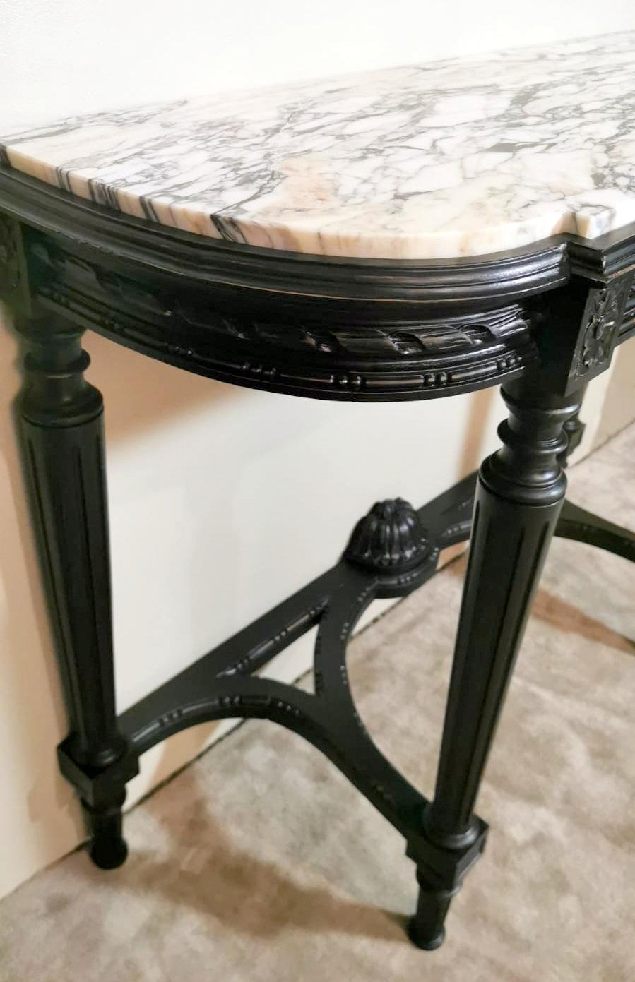 Napoleon III Style French Console Table Black Wood And Carrara Arabesque Marble For Sale 13