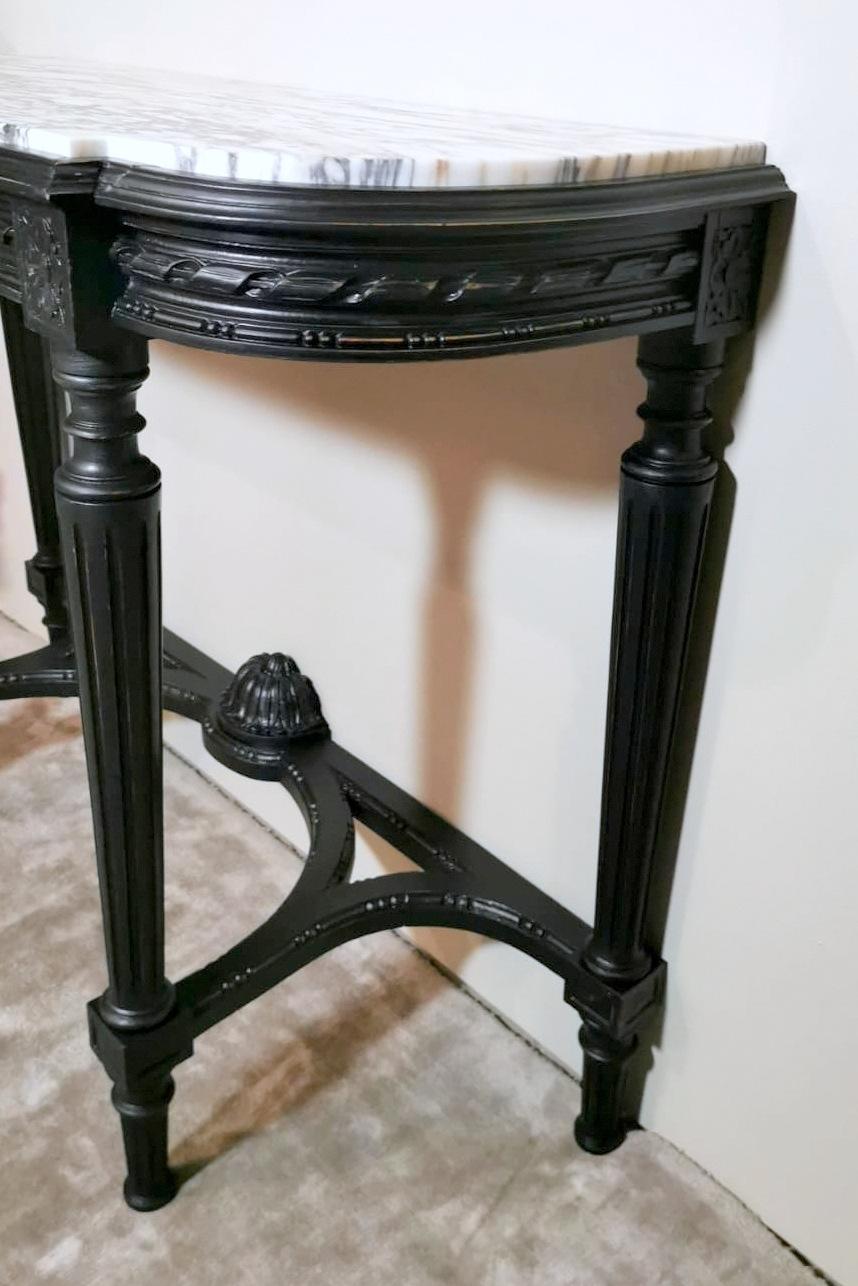 Napoleon III Style French Console Table Black Wood And Carrara Arabesque Marble For Sale 14