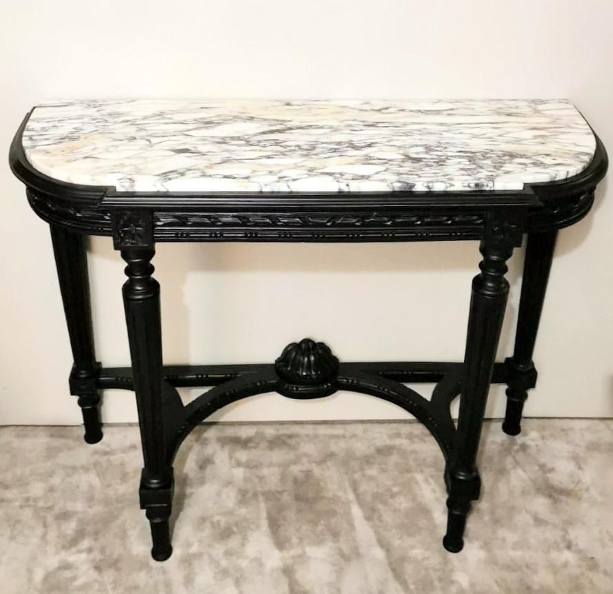 Hand-Crafted Napoleon III Style French Console Table Black Wood And Carrara Arabesque Marble For Sale