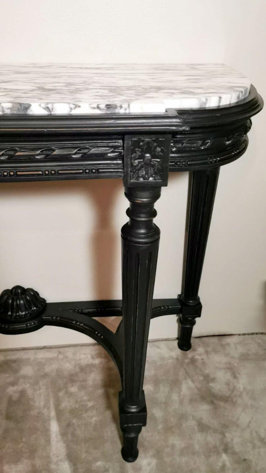 19th Century Napoleon III Style French Console Table Black Wood And Carrara Arabesque Marble For Sale